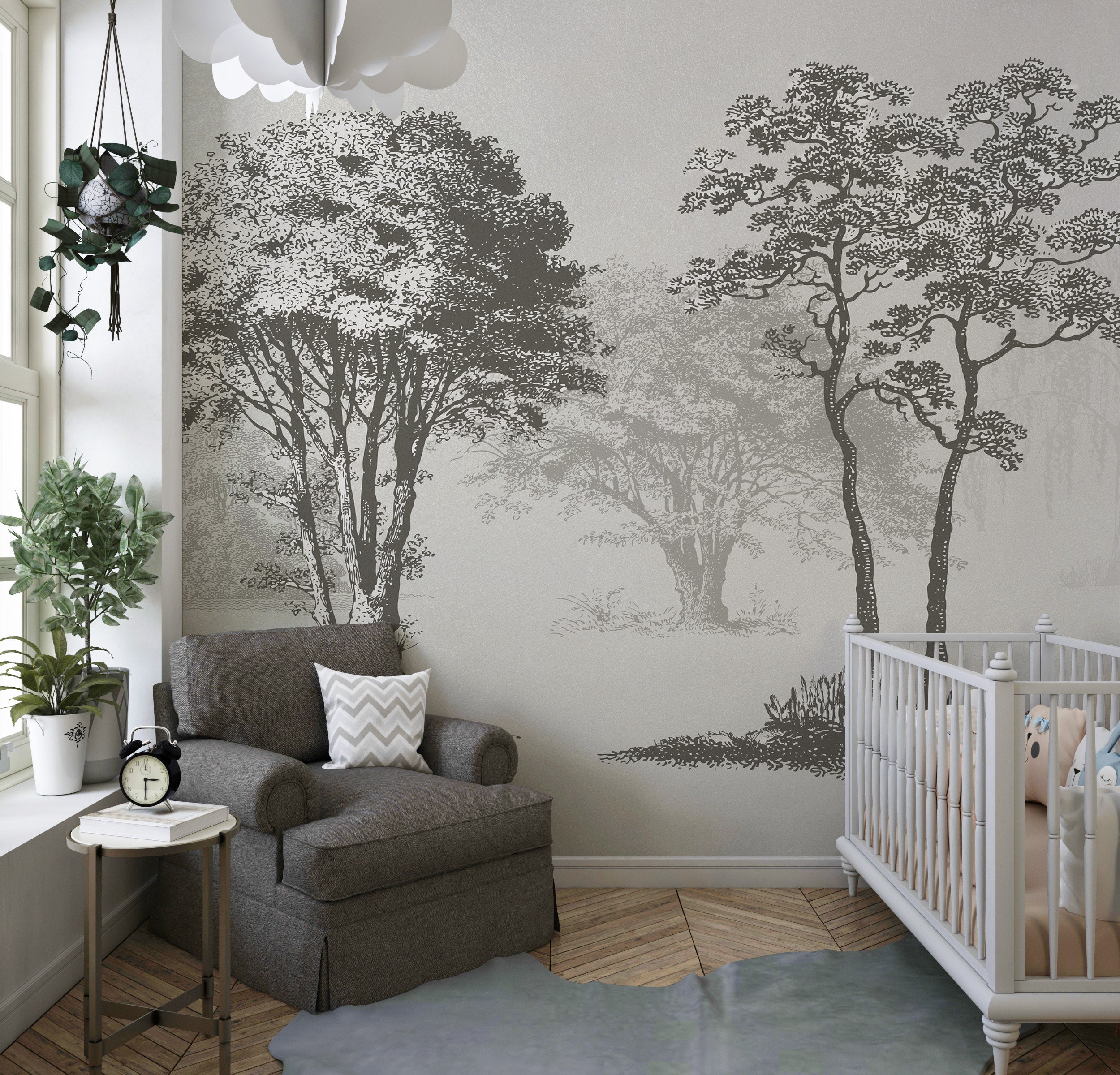 Mural de pared con árboles de bosque vintage. Diseño de arte abstracto monocromático con bocetos. Papel tapiz autoadhesivo. Mural de pared extraíble. N.º 6329