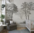 Mural de pared con árboles de bosque vintage. Diseño de arte abstracto monocromático con bocetos. Papel tapiz autoadhesivo. Mural de pared extraíble. N.º 6329