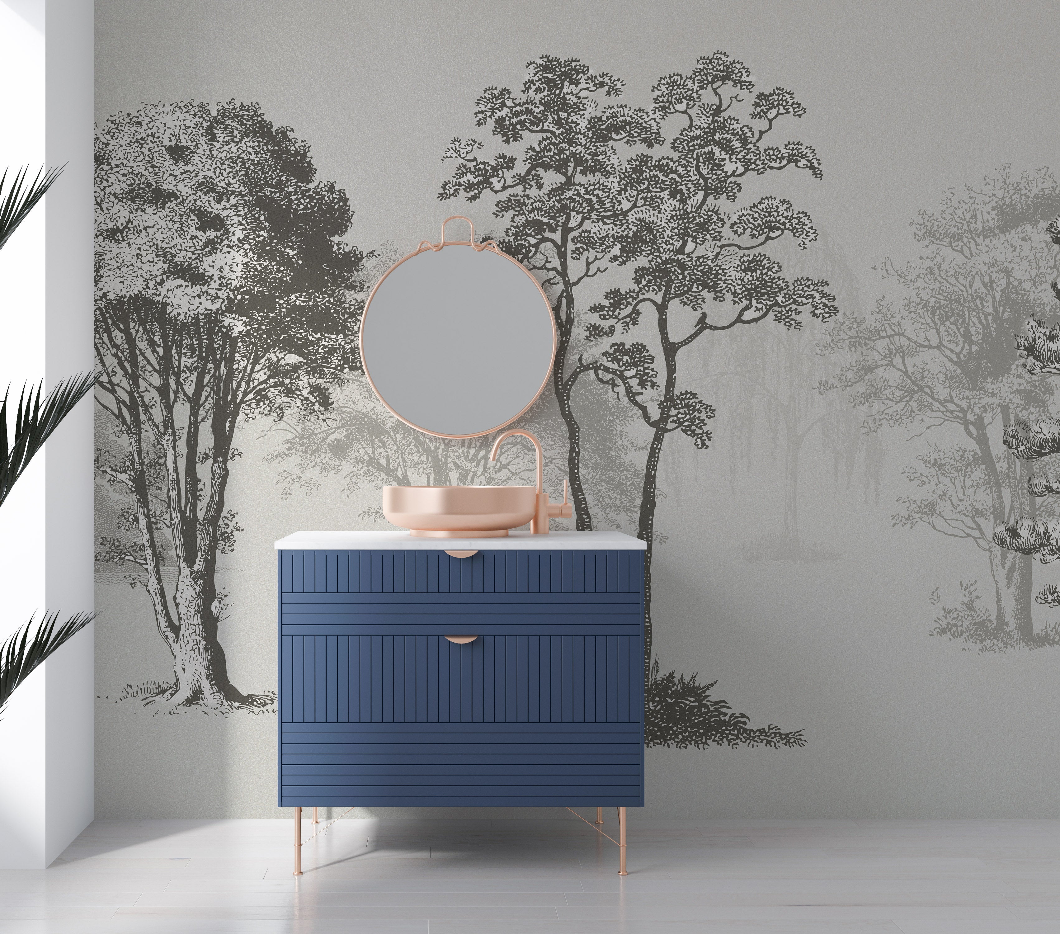 Mural de pared con árboles de bosque vintage. Diseño de arte abstracto monocromático con bocetos. Papel tapiz autoadhesivo. Mural de pared extraíble. N.º 6329