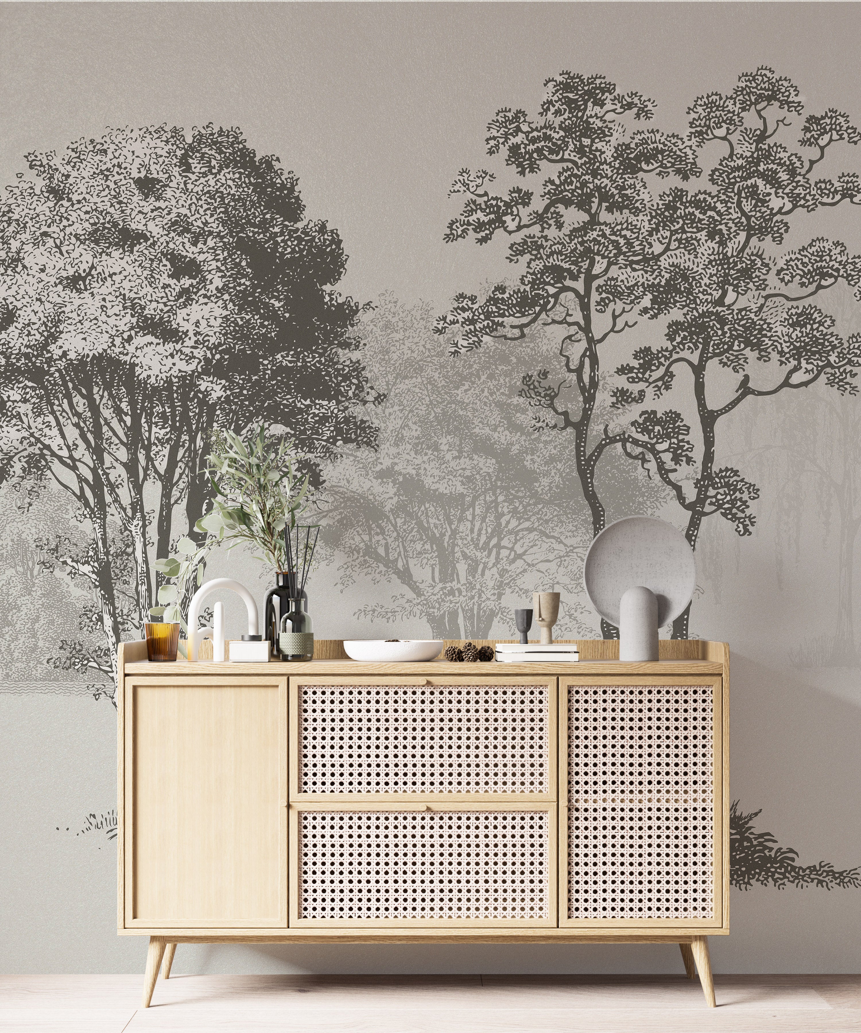 Mural de pared con árboles de bosque vintage. Diseño de arte abstracto monocromático con bocetos. Papel tapiz autoadhesivo. Mural de pared extraíble. N.º 6329