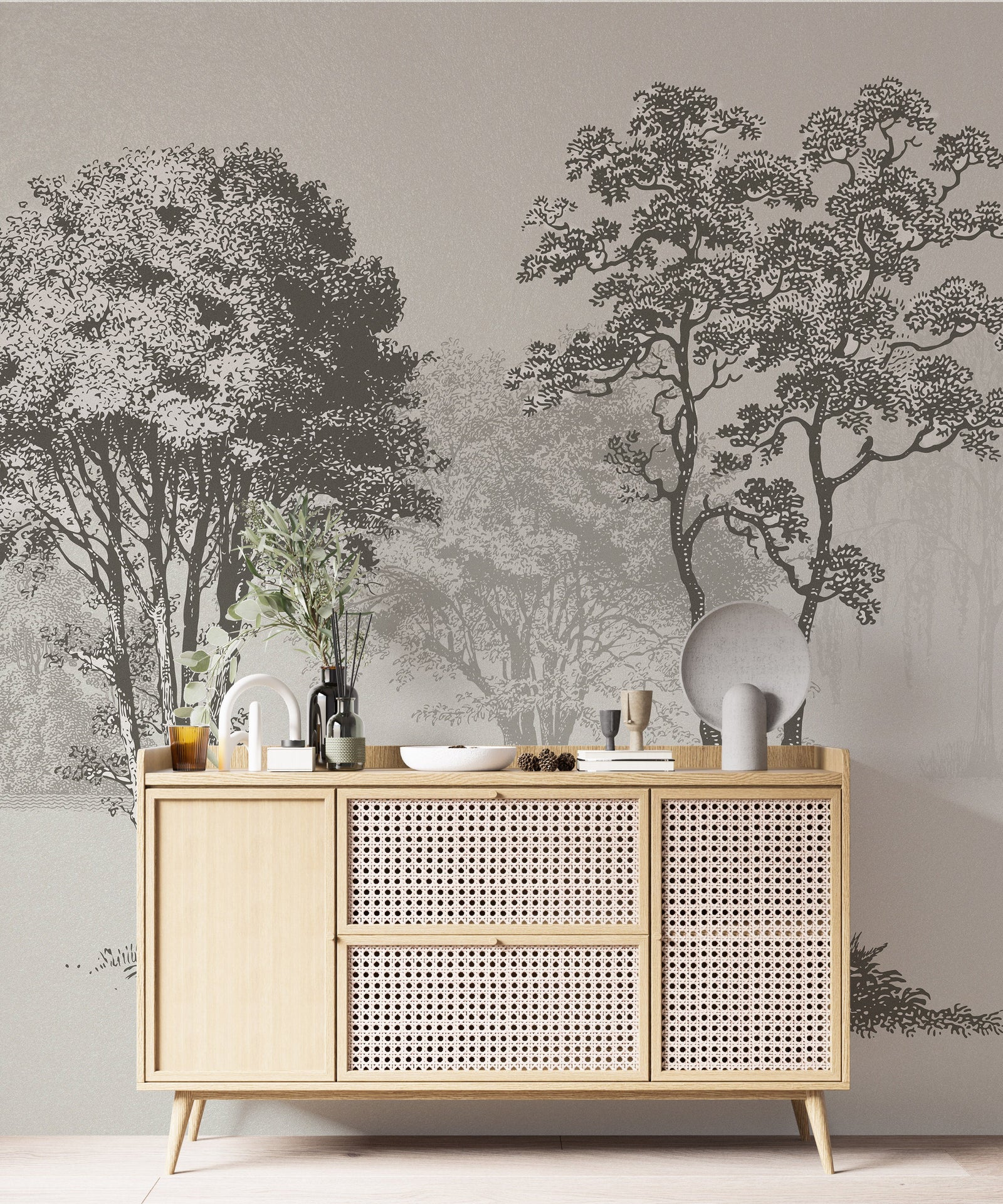 Mural de pared con árboles de bosque vintage. Diseño de arte abstracto monocromático con bocetos. Papel tapiz autoadhesivo. Mural de pared extraíble. N.º 6329