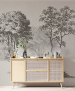 Mural de pared con árboles de bosque vintage. Diseño de arte abstracto monocromático con bocetos. Papel tapiz autoadhesivo. Mural de pared extraíble. N.º 6329