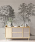 Mural de pared con árboles de bosque vintage. Diseño de arte abstracto monocromático con bocetos. Papel tapiz autoadhesivo. Mural de pared extraíble. N.º 6329