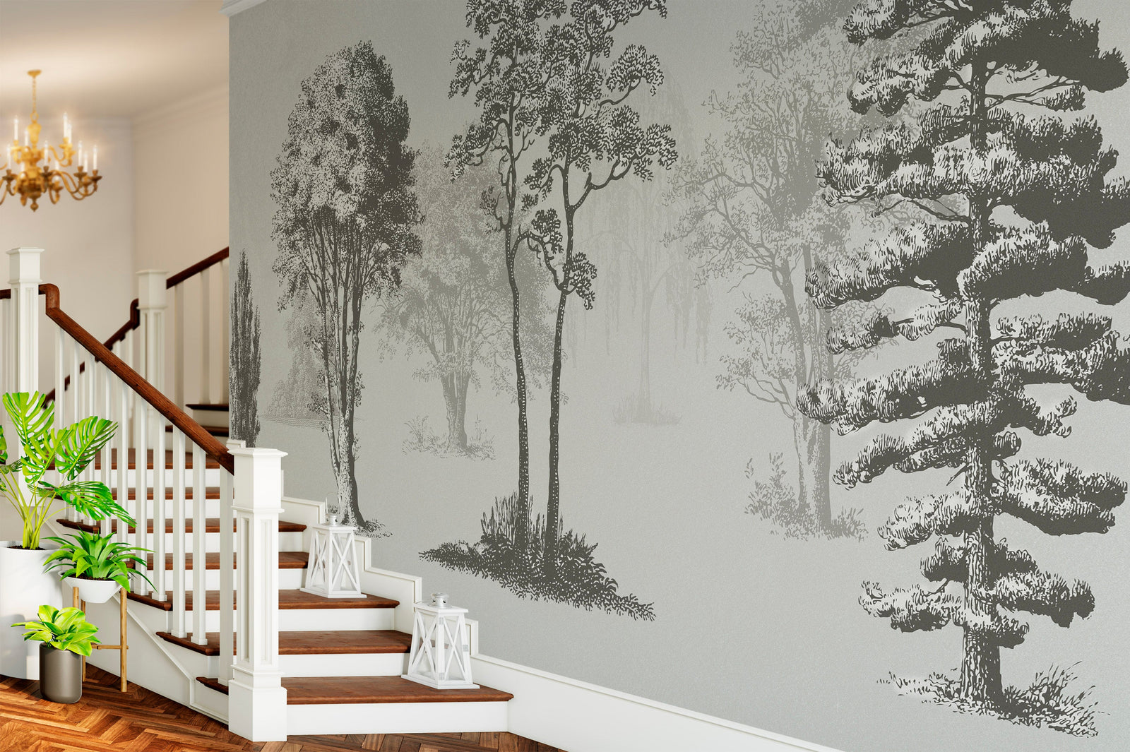 Mural de pared con árboles de bosque vintage. Diseño de arte abstracto monocromático con bocetos. Papel tapiz autoadhesivo. Mural de pared extraíble. N.º 6329