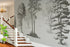 Mural de pared con árboles de bosque vintage. Diseño de arte abstracto monocromático con bocetos. Papel tapiz autoadhesivo. Mural de pared extraíble. N.º 6329