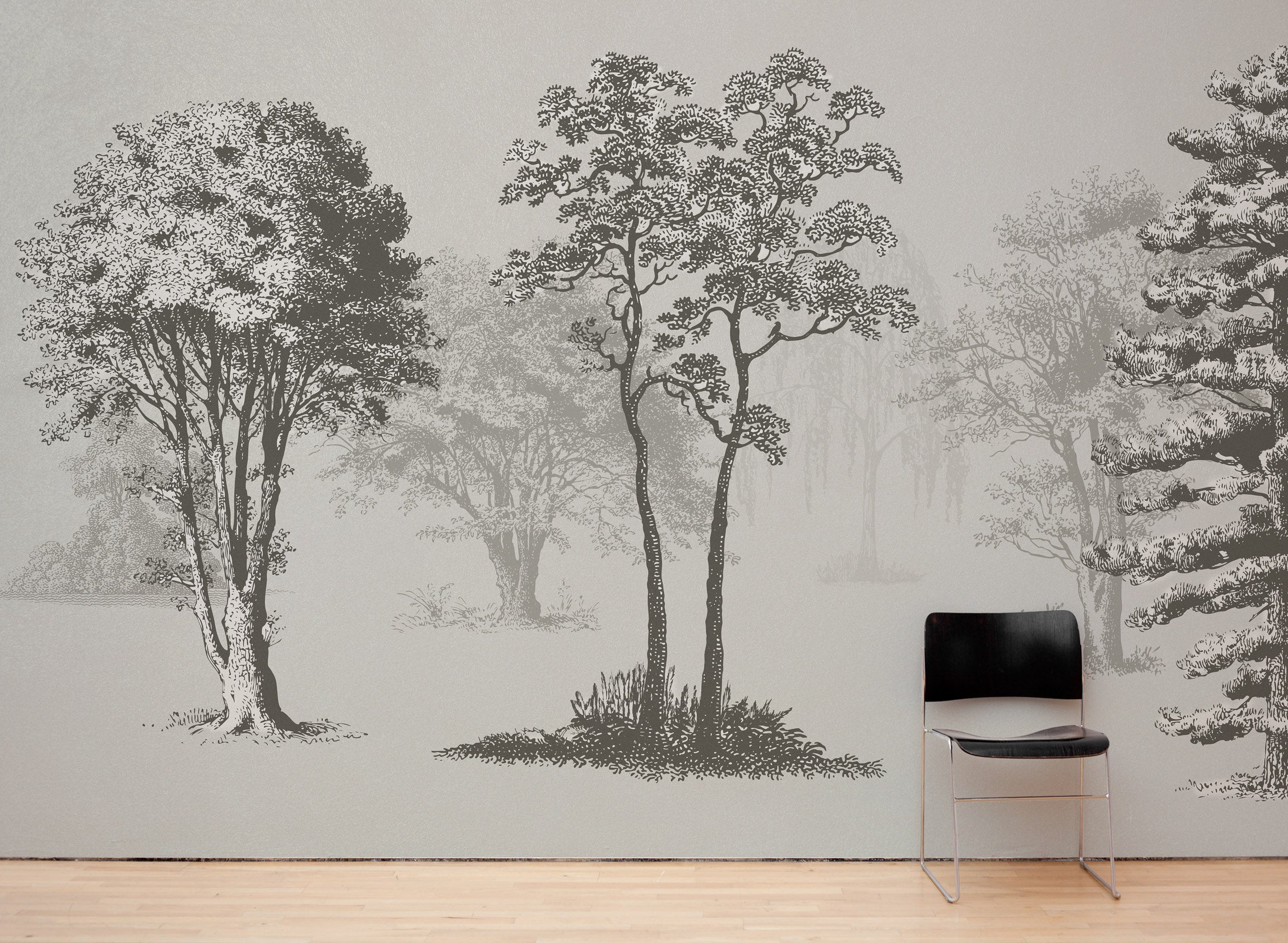 Mural de pared con árboles de bosque vintage. Diseño de arte abstracto monocromático con bocetos. Papel tapiz autoadhesivo. Mural de pared extraíble. N.º 6329