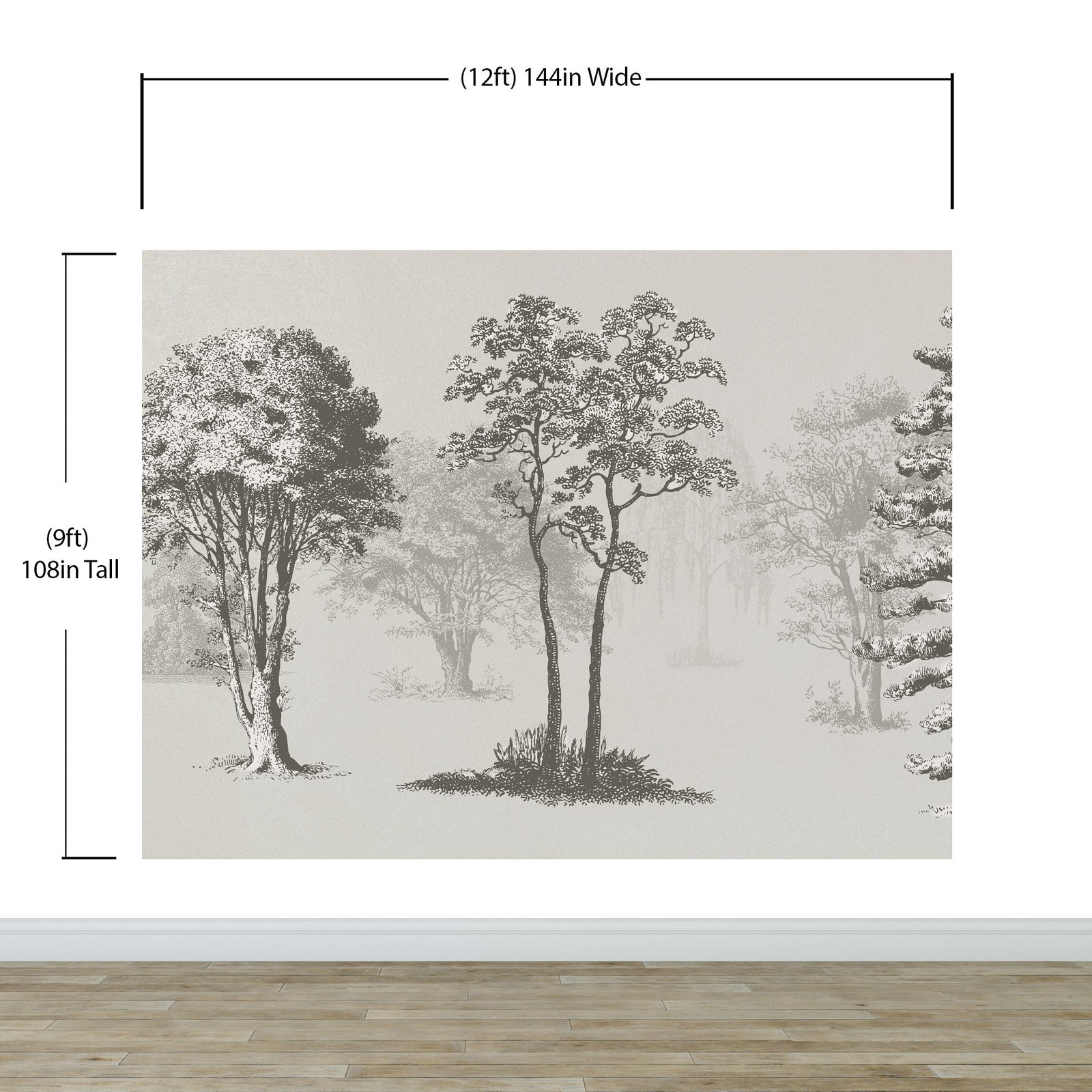 Mural de pared con árboles de bosque vintage. Diseño de arte abstracto monocromático con bocetos. Papel tapiz autoadhesivo. Mural de pared extraíble. N.º 6329