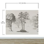 Mural de pared con árboles de bosque vintage. Diseño de arte abstracto monocromático con bocetos. Papel tapiz autoadhesivo. Mural de pared extraíble. N.º 6329