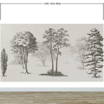 Mural de pared con árboles de bosque vintage. Diseño de arte abstracto monocromático con bocetos. Papel tapiz autoadhesivo. Mural de pared extraíble. N.º 6329