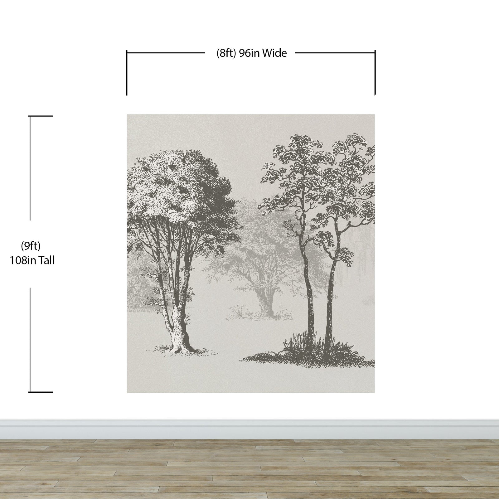 Mural de pared con árboles de bosque vintage. Diseño de arte abstracto monocromático con bocetos. Papel tapiz autoadhesivo. Mural de pared extraíble. N.º 6329