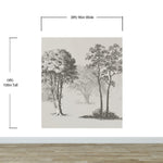 Mural de pared con árboles de bosque vintage. Diseño de arte abstracto monocromático con bocetos. Papel tapiz autoadhesivo. Mural de pared extraíble. N.º 6329