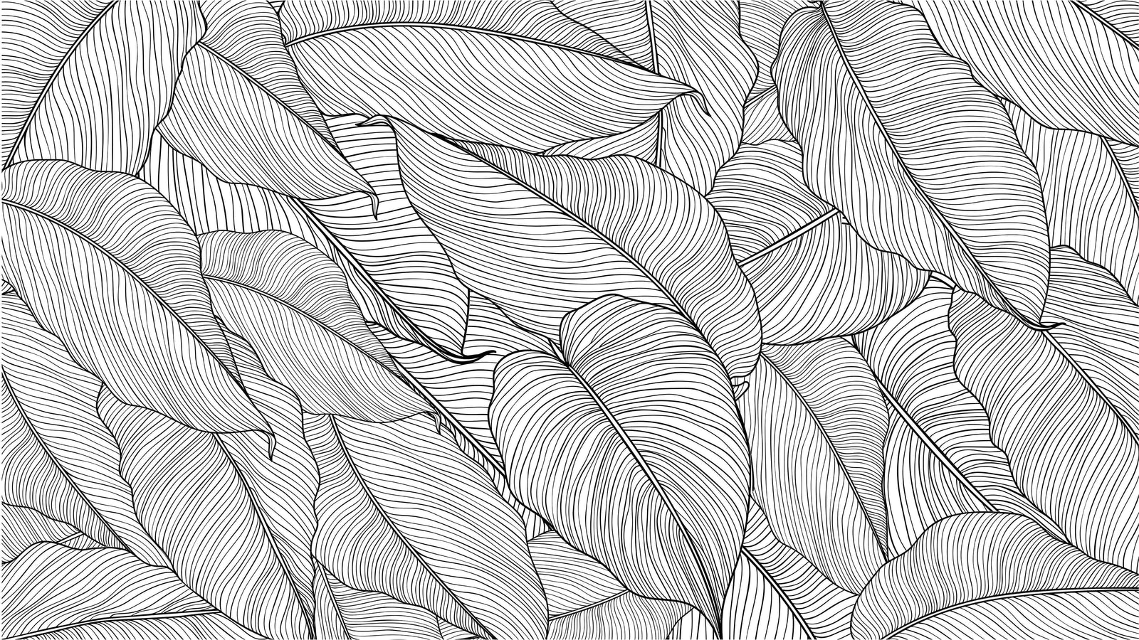 Papel tapiz de hojas de plátano, patrón de arte lineal de hojas de palmera, mural de pared autoadhesivo. #6330