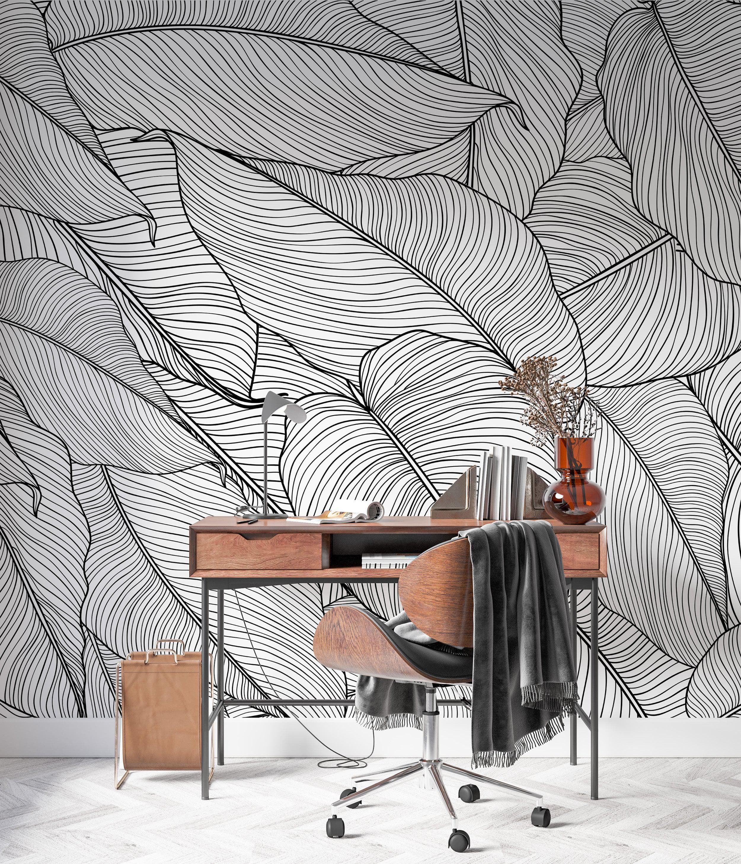 Papel tapiz de hojas de plátano, patrón de arte lineal de hojas de palmera, mural de pared autoadhesivo. #6330