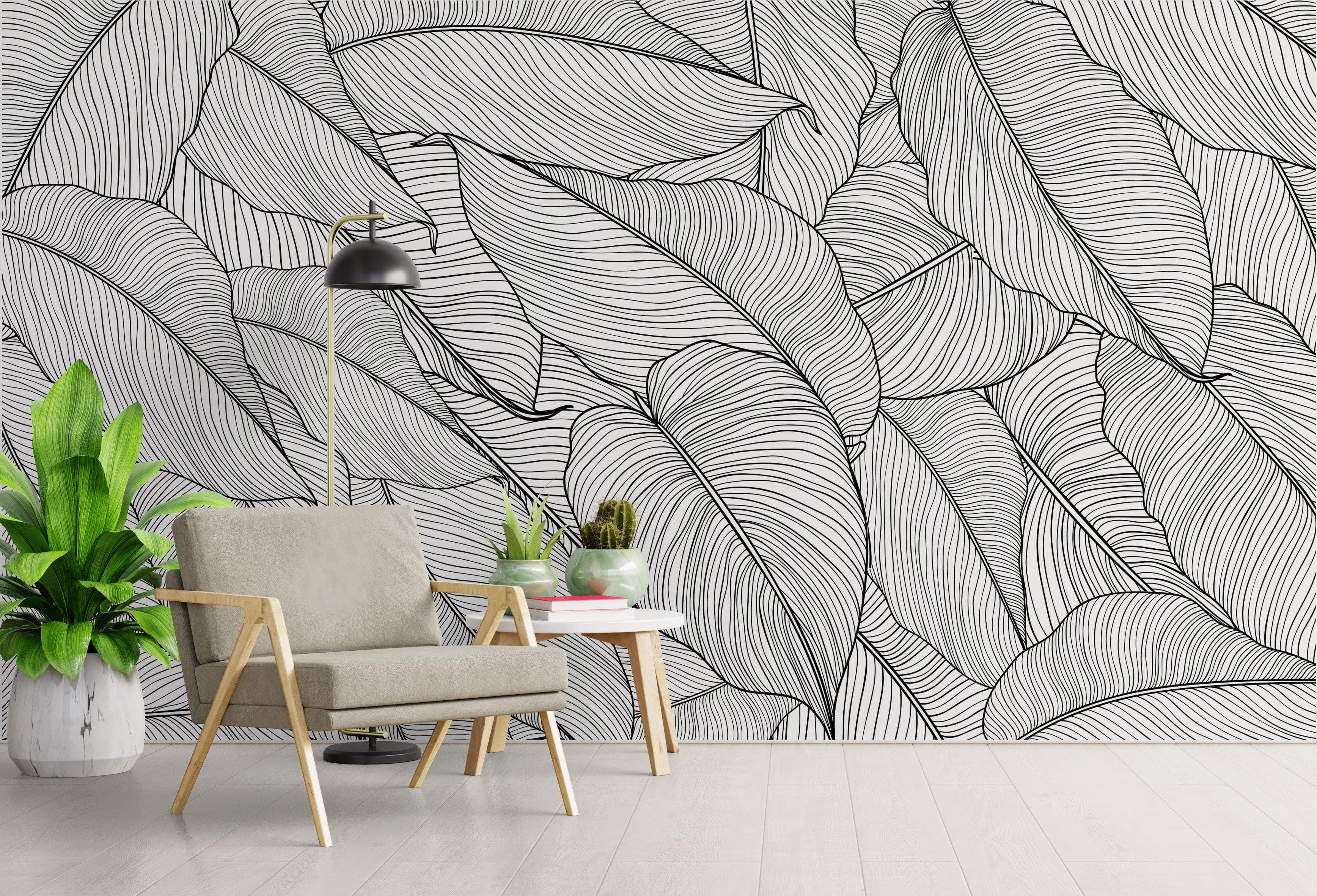 Papel tapiz de hojas de plátano, patrón de arte lineal de hojas de palmera, mural de pared autoadhesivo. #6330