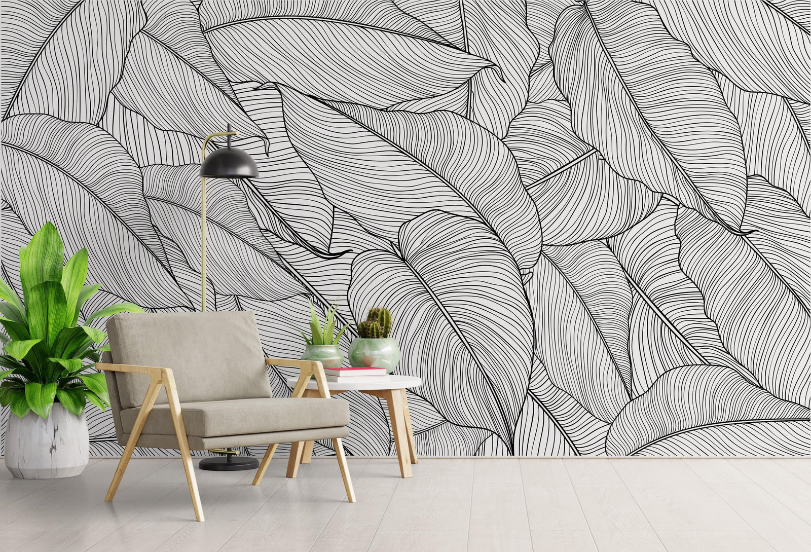 Papel tapiz de hojas de plátano, patrón de arte lineal de hojas de palmera, mural de pared autoadhesivo. #6330