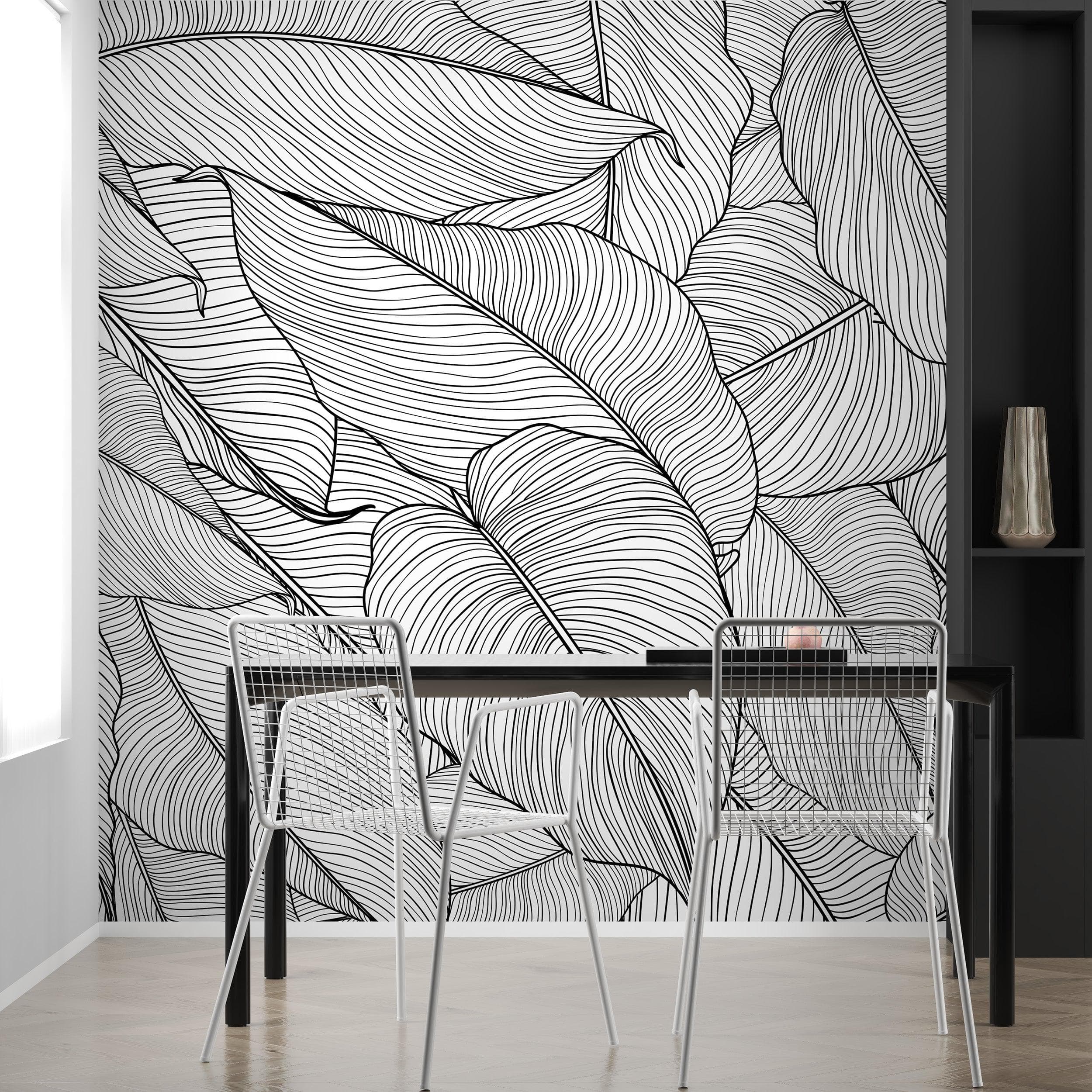 Papel tapiz de hojas de plátano, patrón de arte lineal de hojas de palmera, mural de pared autoadhesivo. #6330