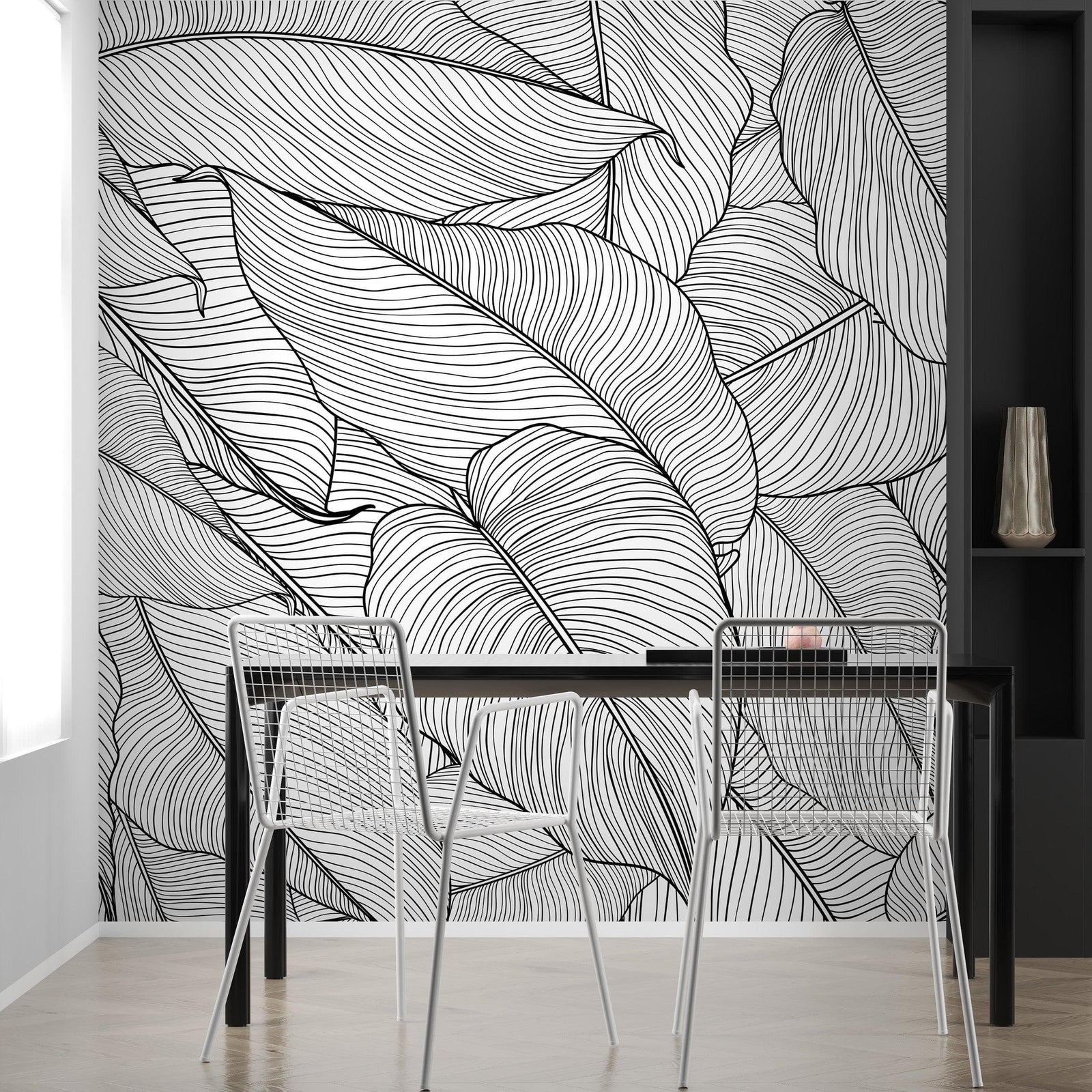 Papel tapiz de hojas de plátano, patrón de arte lineal de hojas de palmera, mural de pared autoadhesivo. #6330