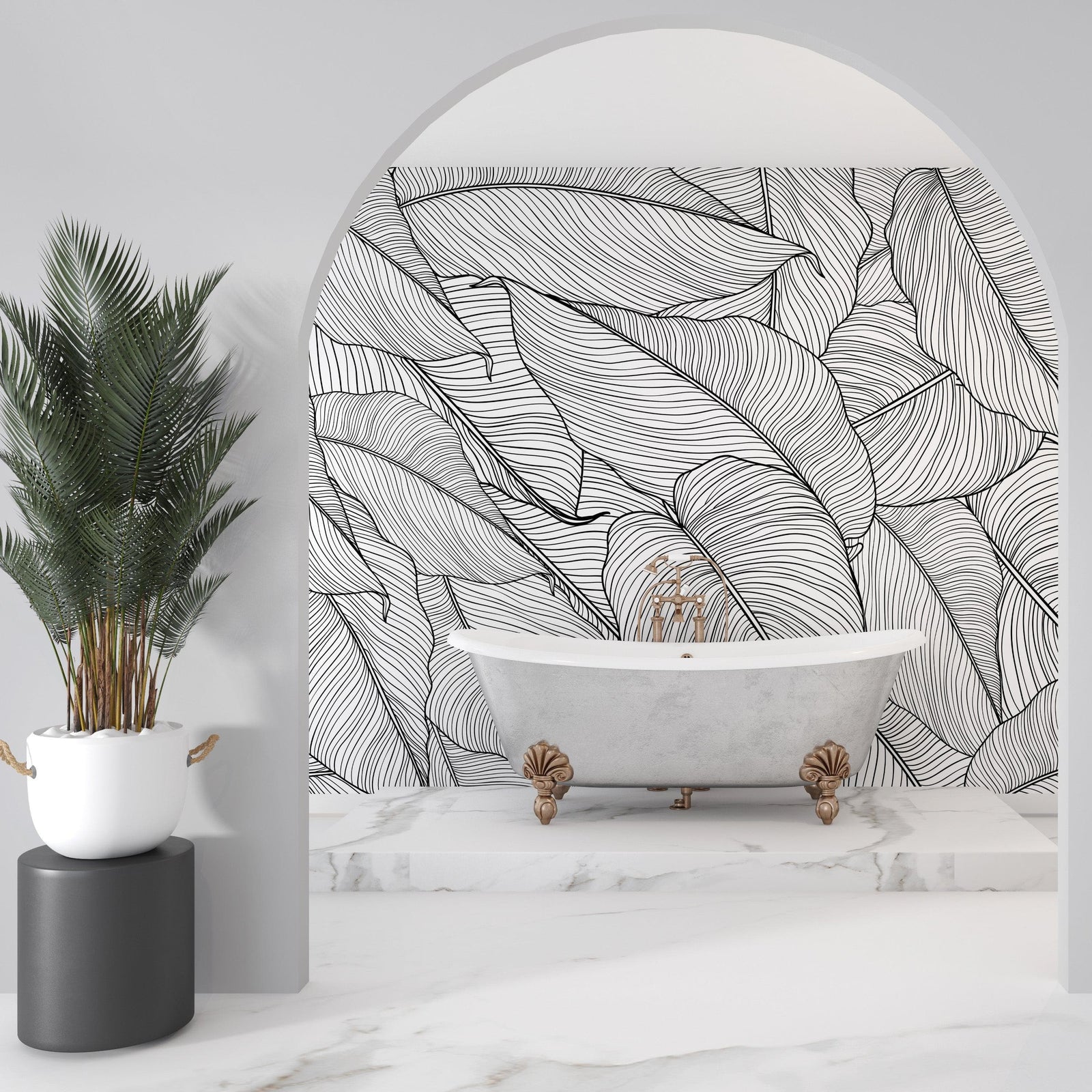 Papel tapiz de hojas de plátano, patrón de arte lineal de hojas de palmera, mural de pared autoadhesivo. #6330