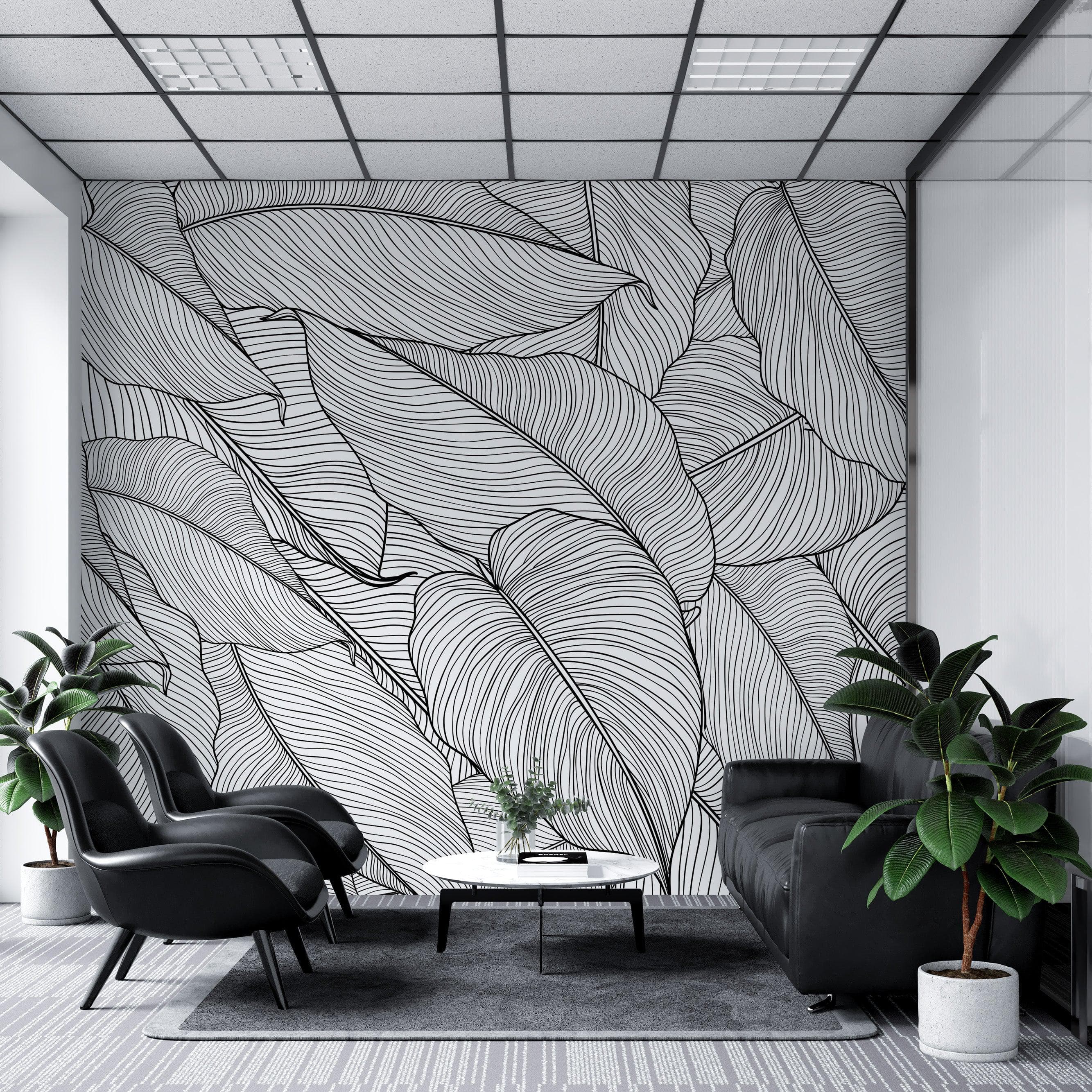 Papel tapiz de hojas de plátano, patrón de arte lineal de hojas de palmera, mural de pared autoadhesivo. #6330