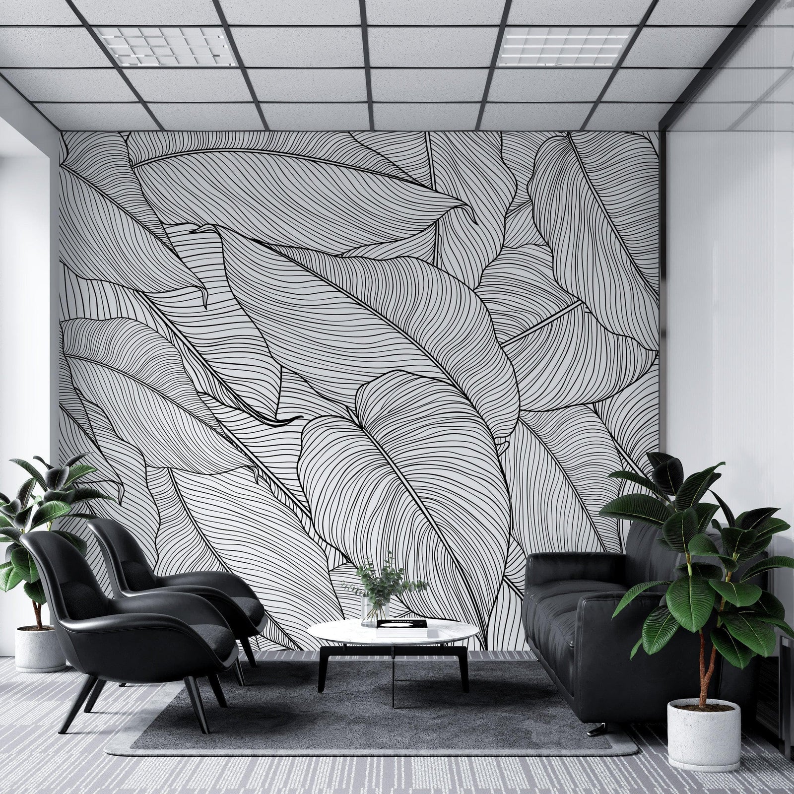 Papel tapiz de hojas de plátano, patrón de arte lineal de hojas de palmera, mural de pared autoadhesivo. #6330