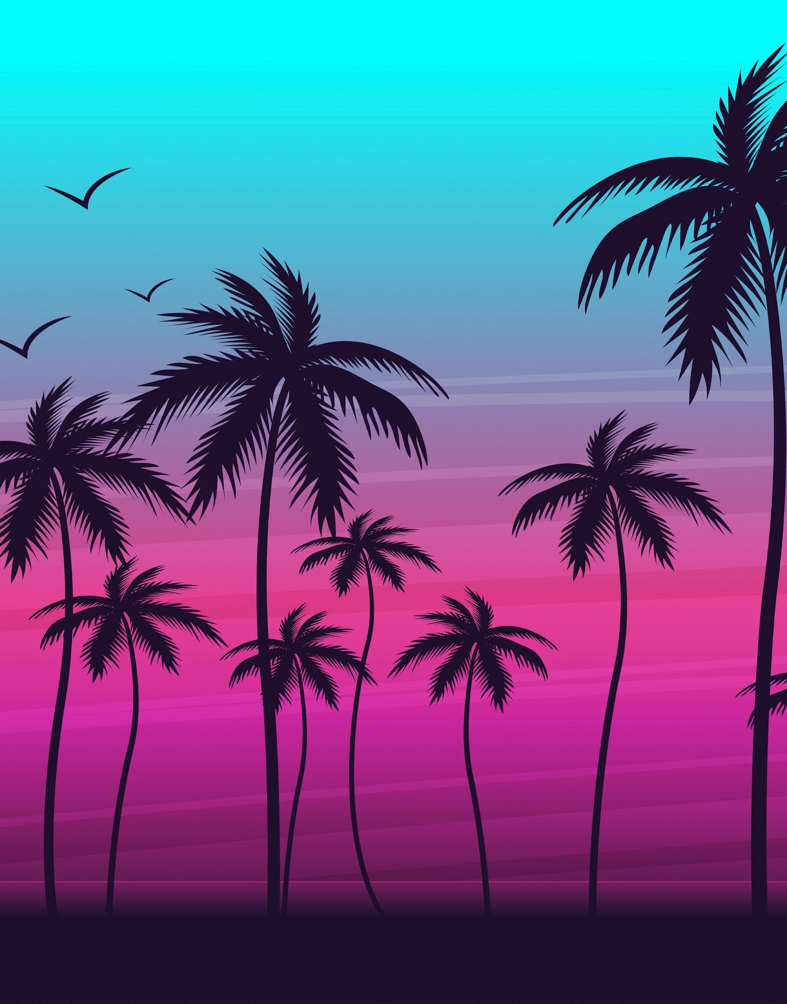Mural de pared con ilustración de palmeras tropicales de Miami Vice Color Sunset. Colores vivos: azul Miami Vice y fucsia. N.º 6331