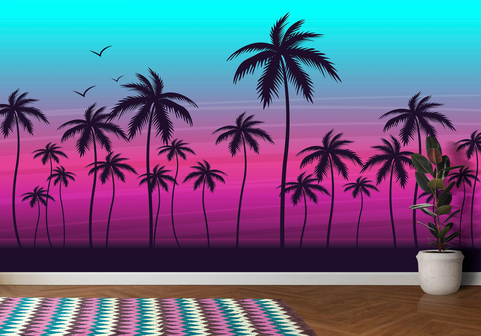 Mural de pared con ilustración de palmeras tropicales de Miami Vice Color Sunset. Colores vivos: azul Miami Vice y fucsia. N.º 6331