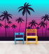 Mural de pared con ilustración de palmeras tropicales de Miami Vice Color Sunset. Colores vivos: azul Miami Vice y fucsia. N.º 6331