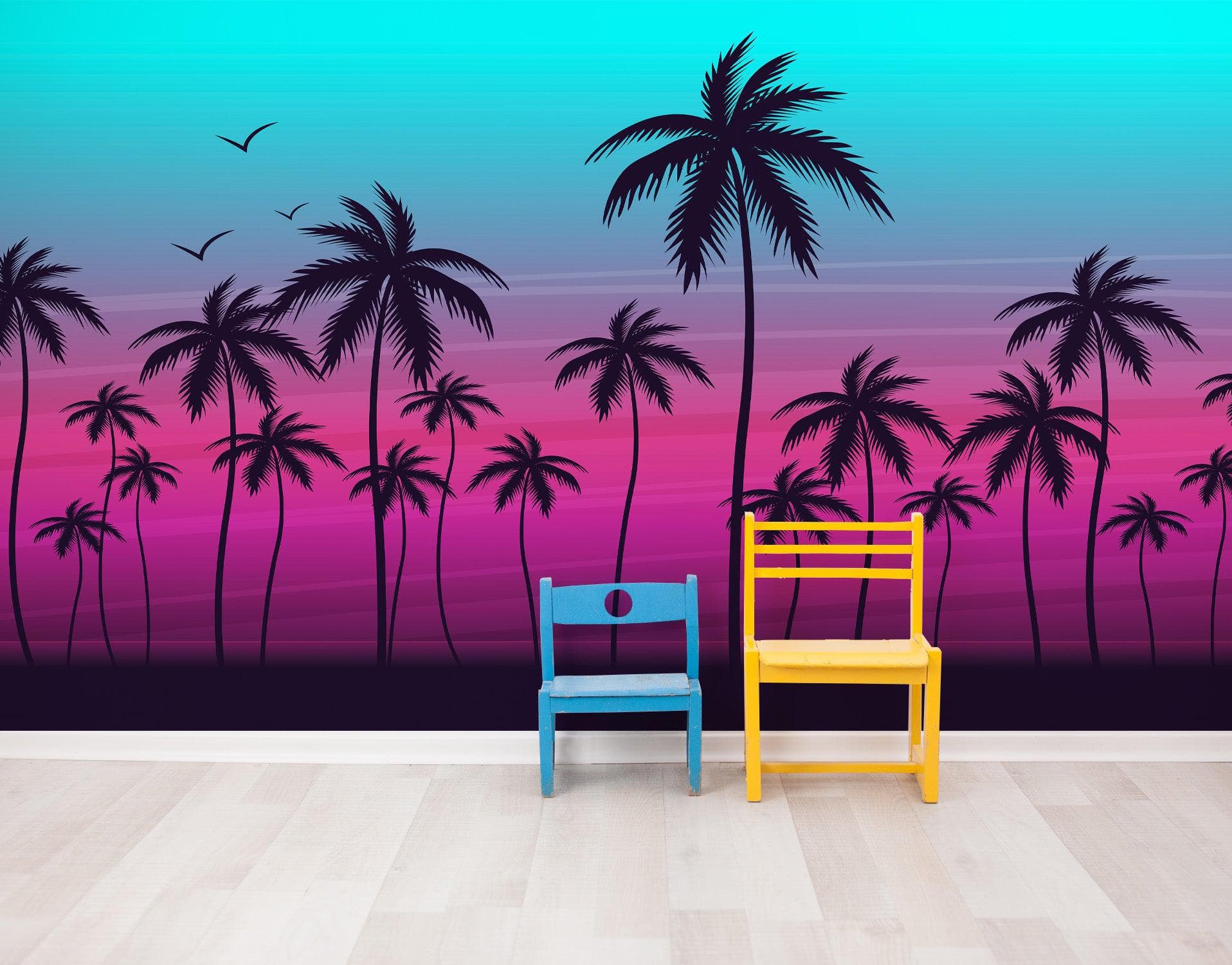 Mural de pared con ilustración de palmeras tropicales de Miami Vice Color Sunset. Colores vivos: azul Miami Vice y fucsia. N.º 6331