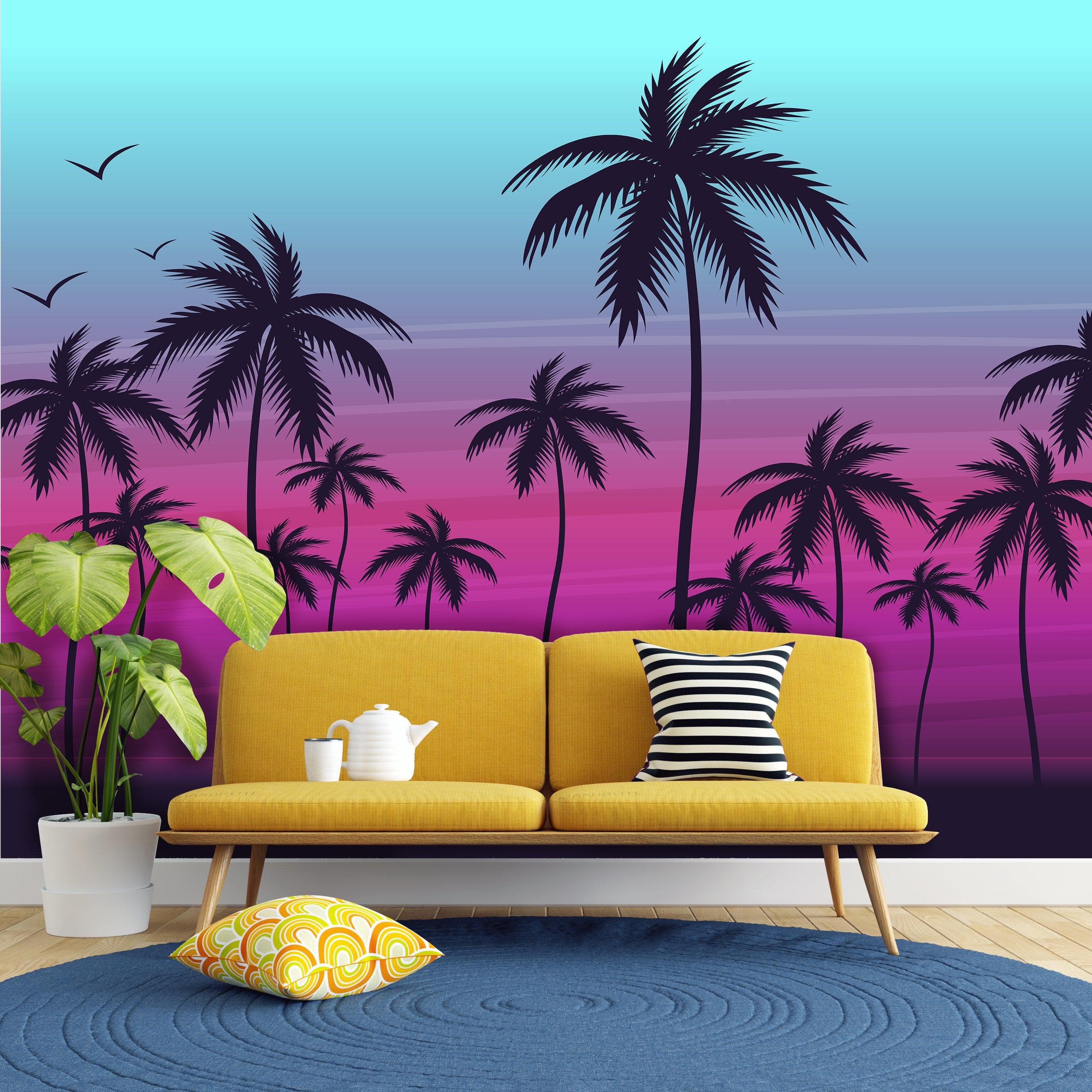 Mural de pared con ilustración de palmeras tropicales de Miami Vice Color Sunset. Colores vivos: azul Miami Vice y fucsia. N.º 6331