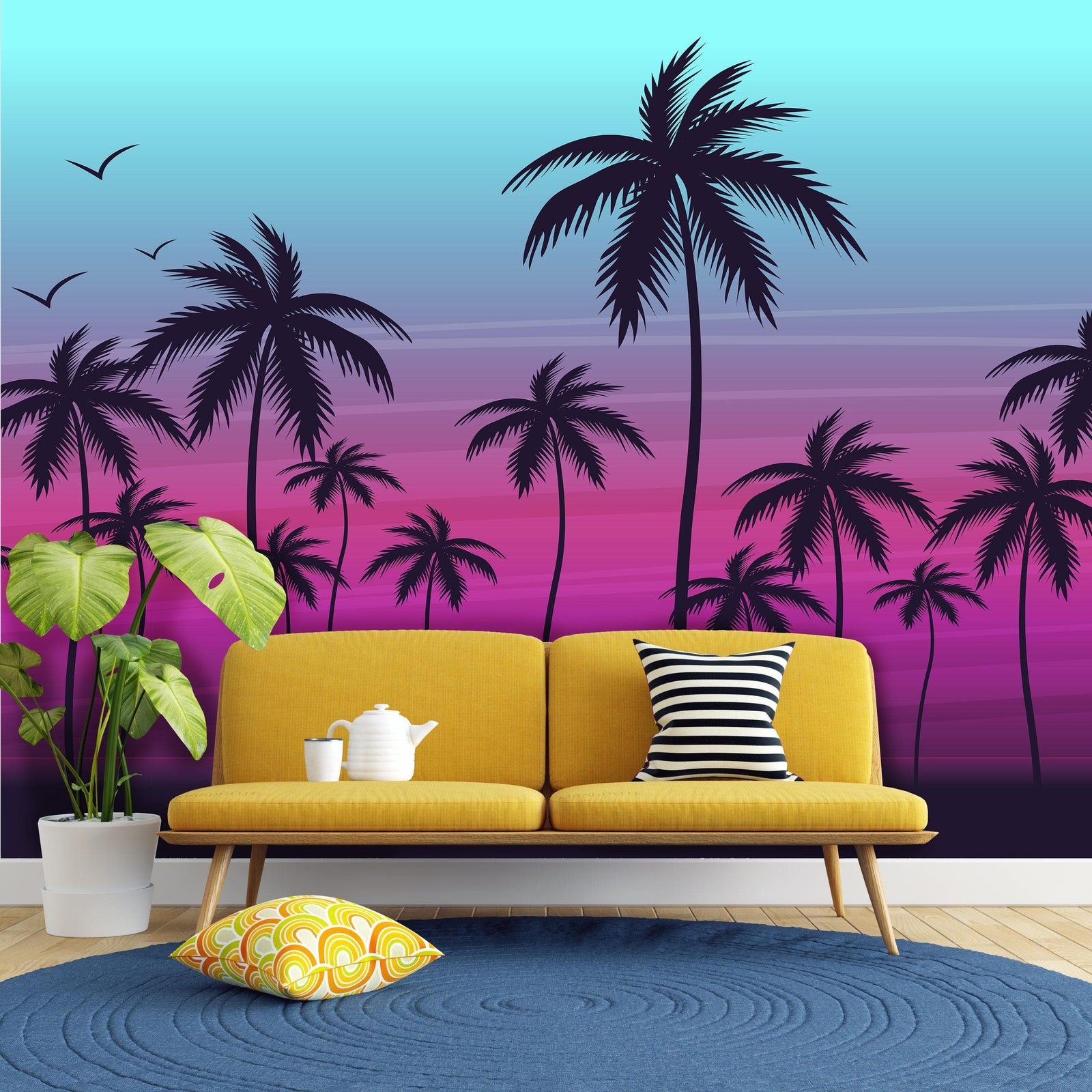 Mural de pared con ilustración de palmeras tropicales de Miami Vice Color Sunset. Colores vivos: azul Miami Vice y fucsia. N.º 6331