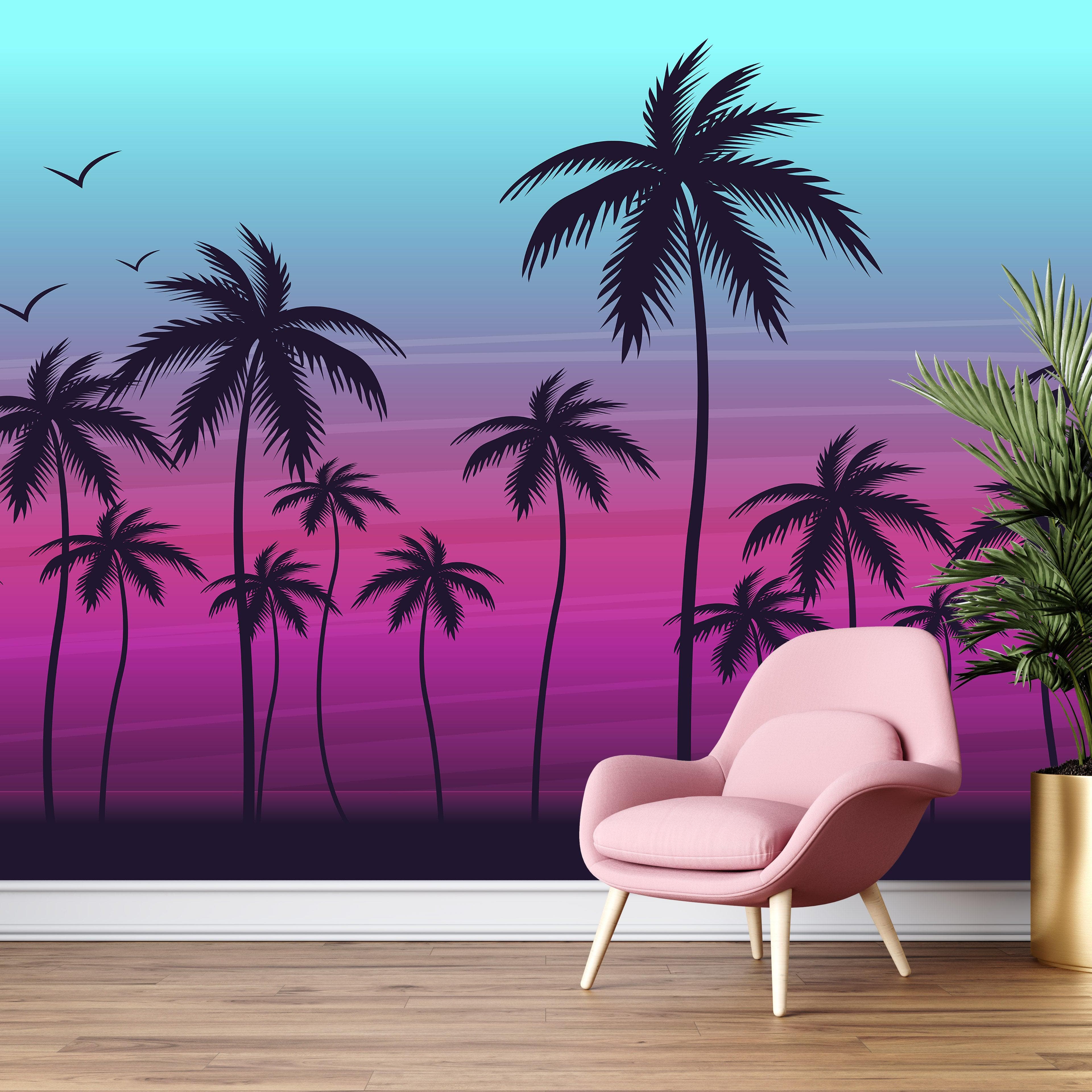 Mural de pared con ilustración de palmeras tropicales de Miami Vice Color Sunset. Colores vivos: azul Miami Vice y fucsia. N.º 6331
