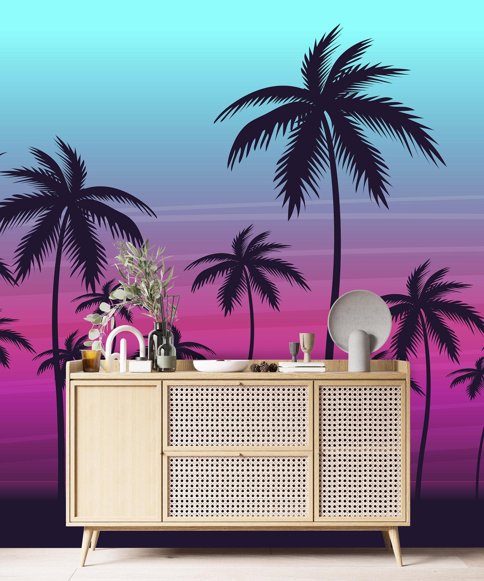 Mural de pared con ilustración de palmeras tropicales de Miami Vice Color Sunset. Colores vivos: azul Miami Vice y fucsia. N.º 6331