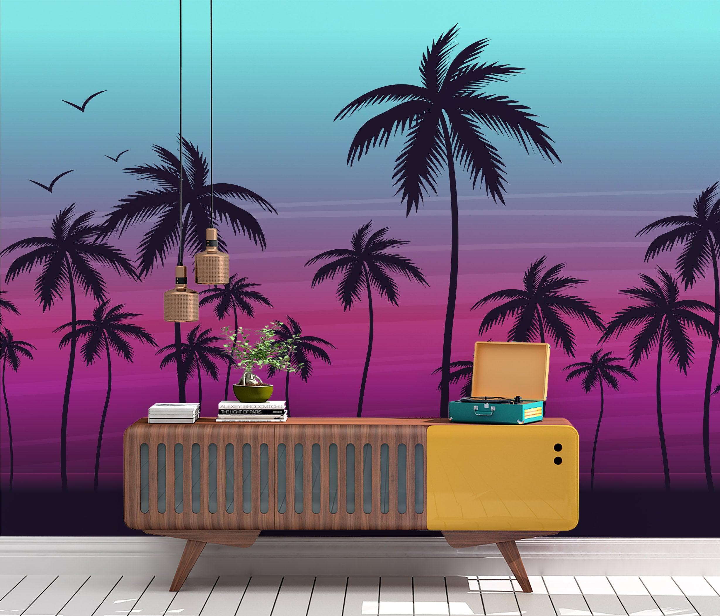 Mural de pared con ilustración de palmeras tropicales de Miami Vice Color Sunset. Colores vivos: azul Miami Vice y fucsia. N.º 6331