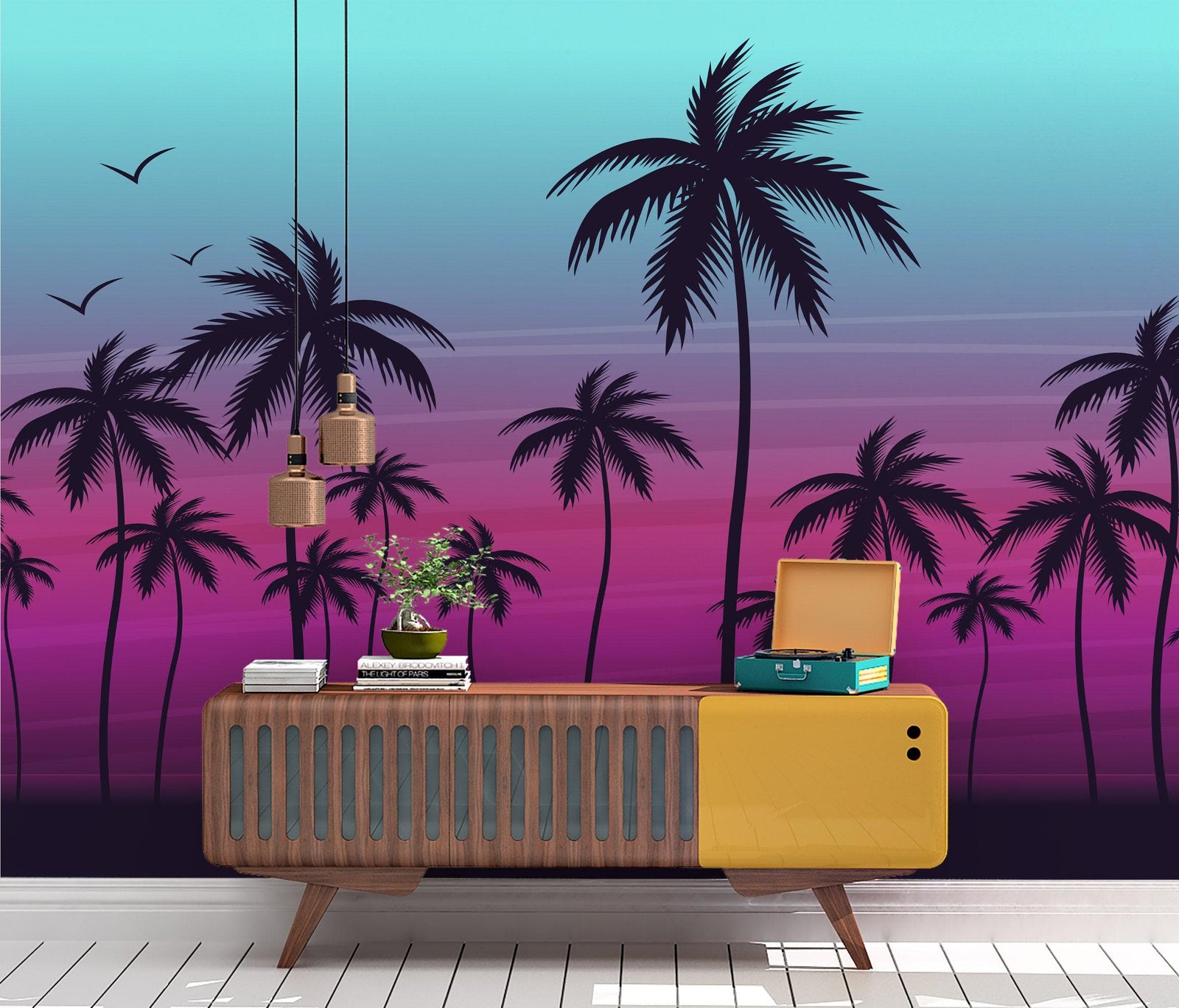 Mural de pared con ilustración de palmeras tropicales de Miami Vice Color Sunset. Colores vivos: azul Miami Vice y fucsia. N.º 6331