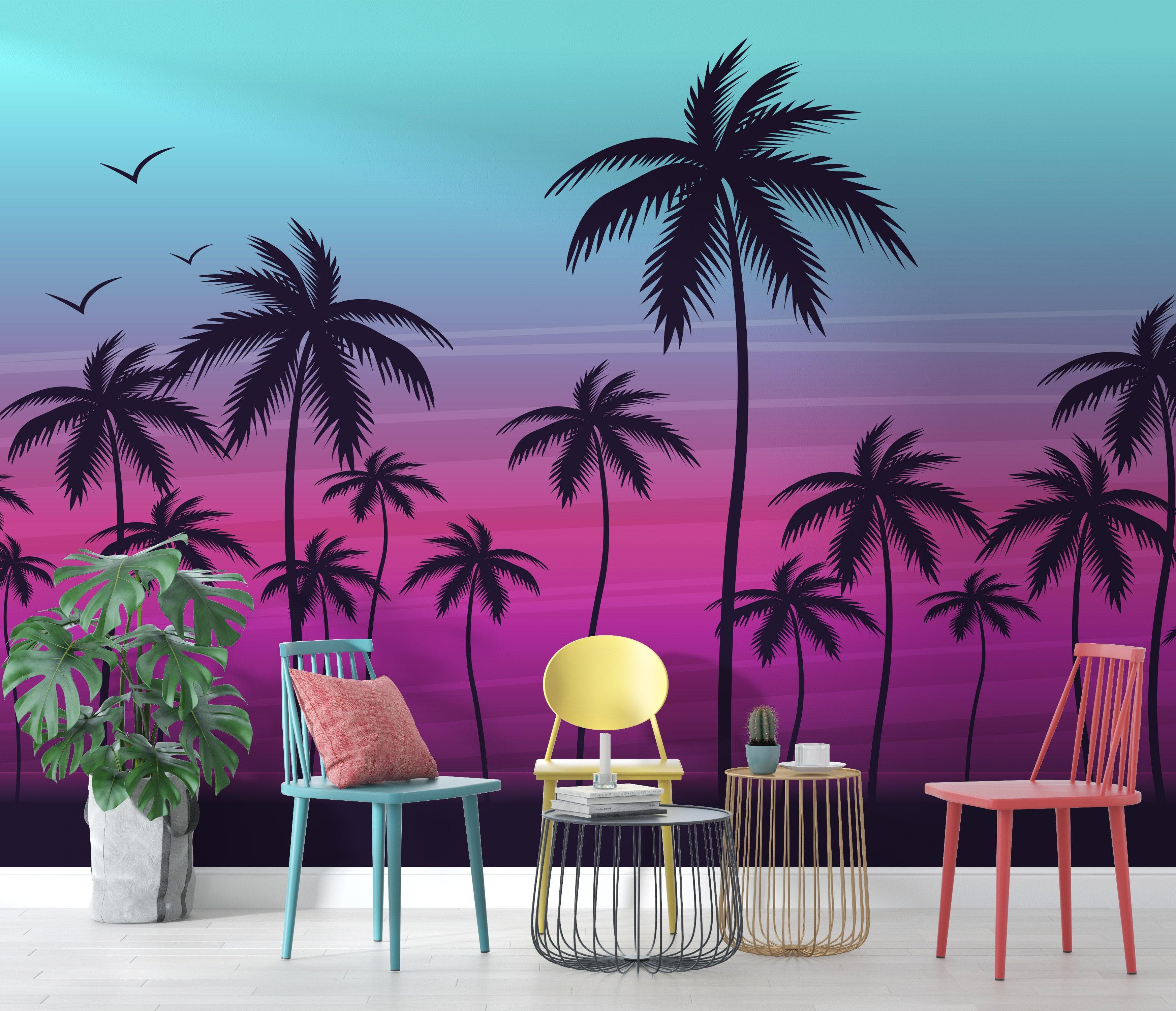 Mural de pared con ilustración de palmeras tropicales de Miami Vice Color Sunset. Colores vivos: azul Miami Vice y fucsia. N.º 6331