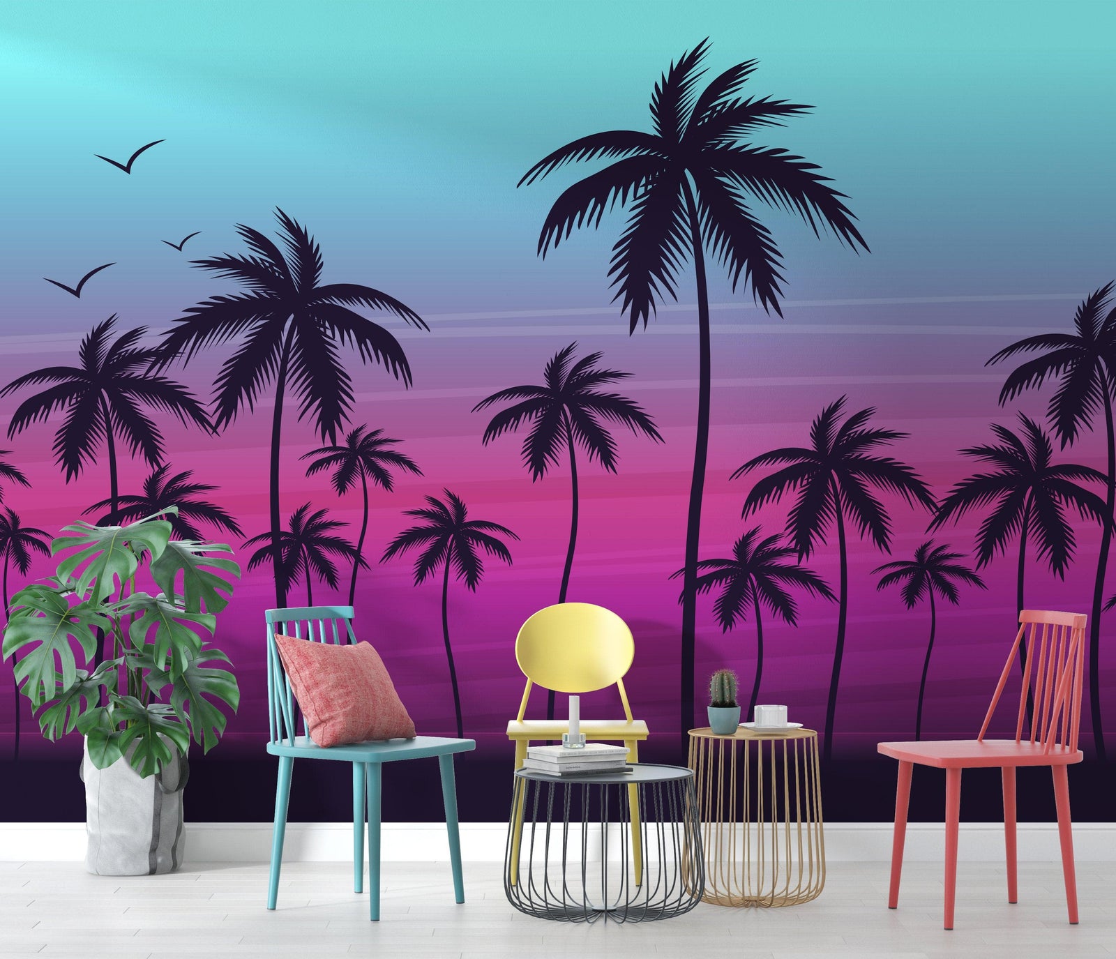 Mural de pared con ilustración de palmeras tropicales de Miami Vice Color Sunset. Colores vivos: azul Miami Vice y fucsia. N.º 6331