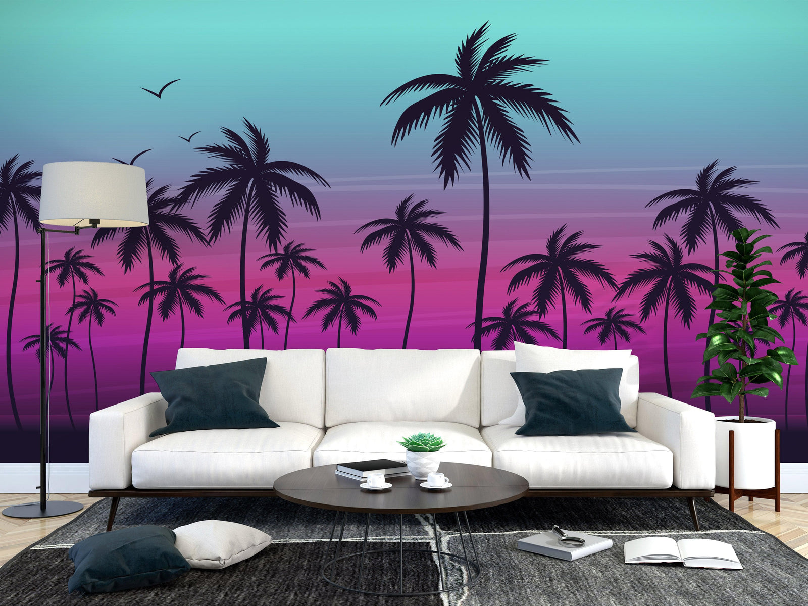 Mural de pared con ilustración de palmeras tropicales de Miami Vice Color Sunset. Colores vivos: azul Miami Vice y fucsia. N.º 6331