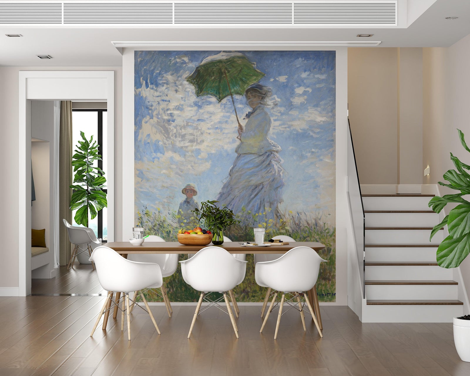 Mural de pared con la pintura de Monet. Mujer con sombrilla, Madame Monet y su hijo (1875). Pintura n.° 6332