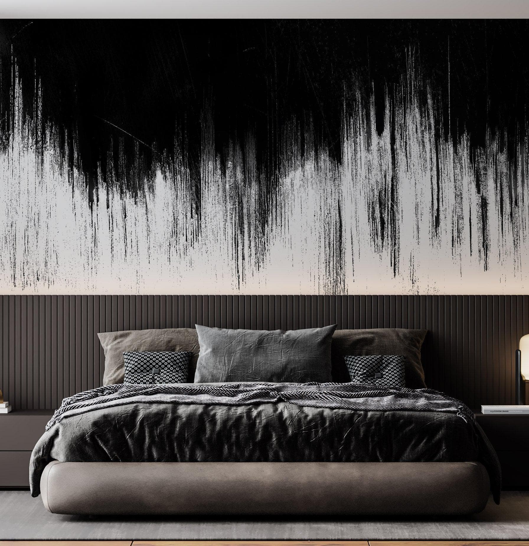 Mural de pared con líneas grunge en blanco y negro / Papel tapiz autoadhesivo. #6336