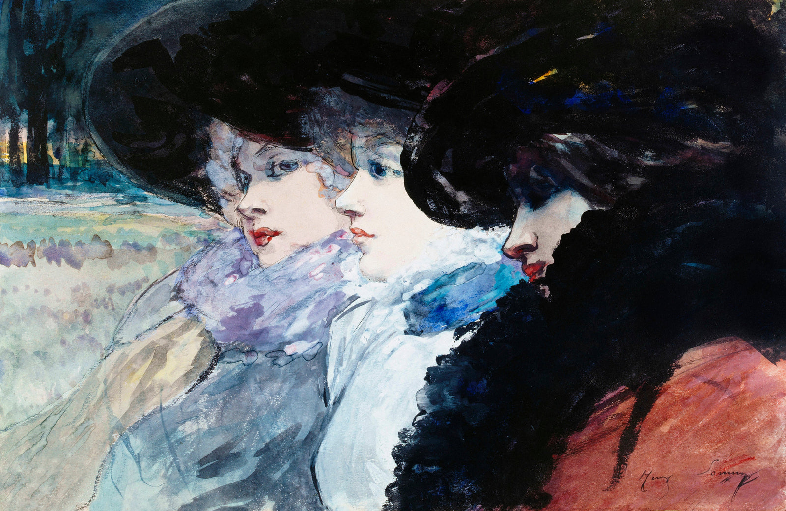 Cuadro antiguo, Tres mujeres de perfil, del artista Henry Somm. Mural de pared grande / Papel tapiz autoadhesivo. N.º 6338