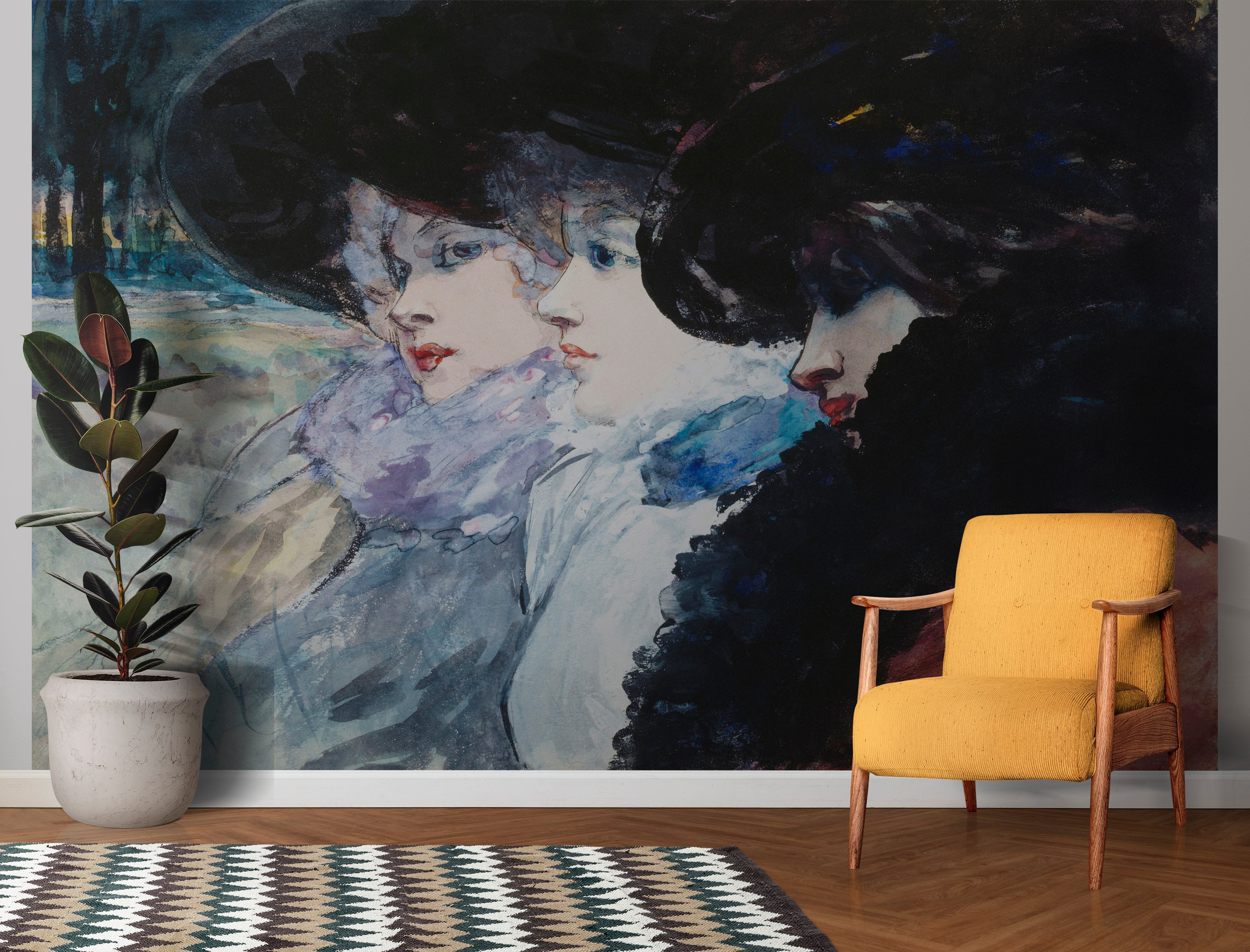 Cuadro antiguo, Tres mujeres de perfil, del artista Henry Somm. Mural de pared grande / Papel tapiz autoadhesivo. N.º 6338