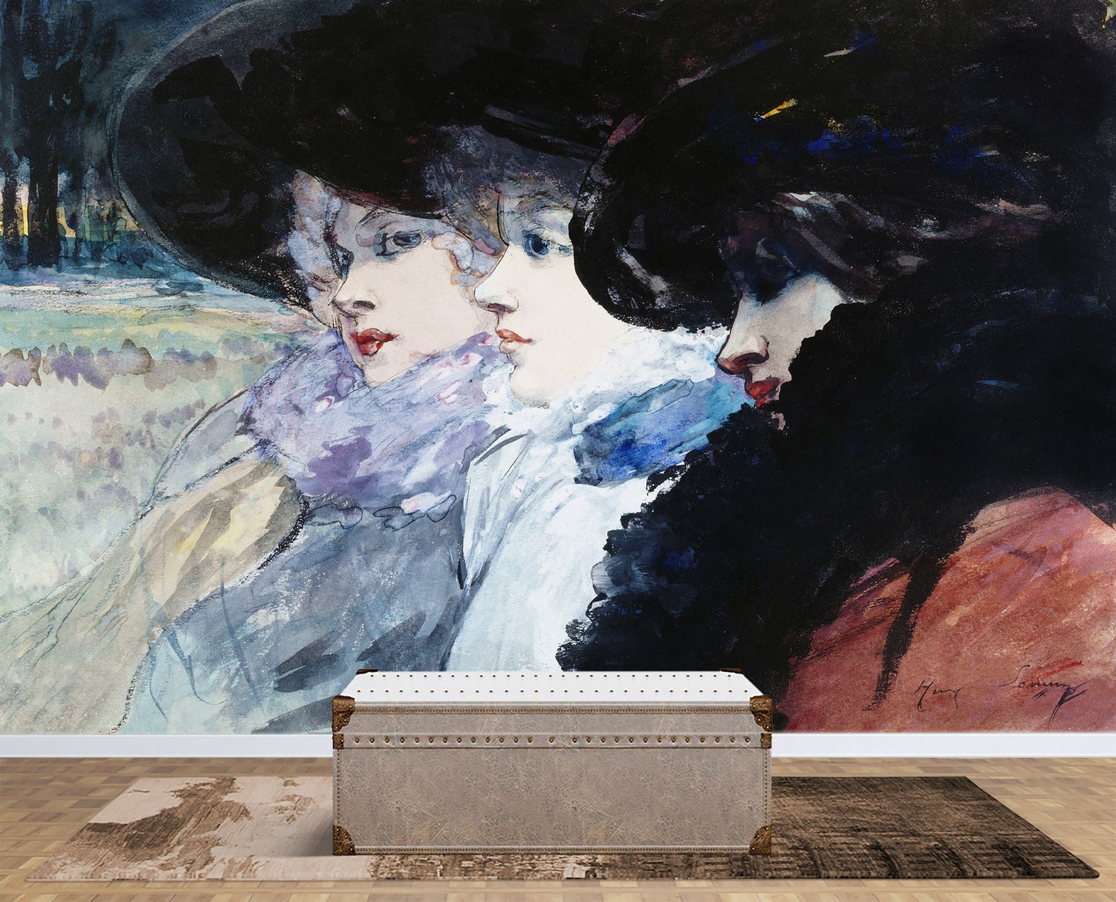 Cuadro antiguo, Tres mujeres de perfil, del artista Henry Somm. Mural de pared grande / Papel tapiz autoadhesivo. N.º 6338