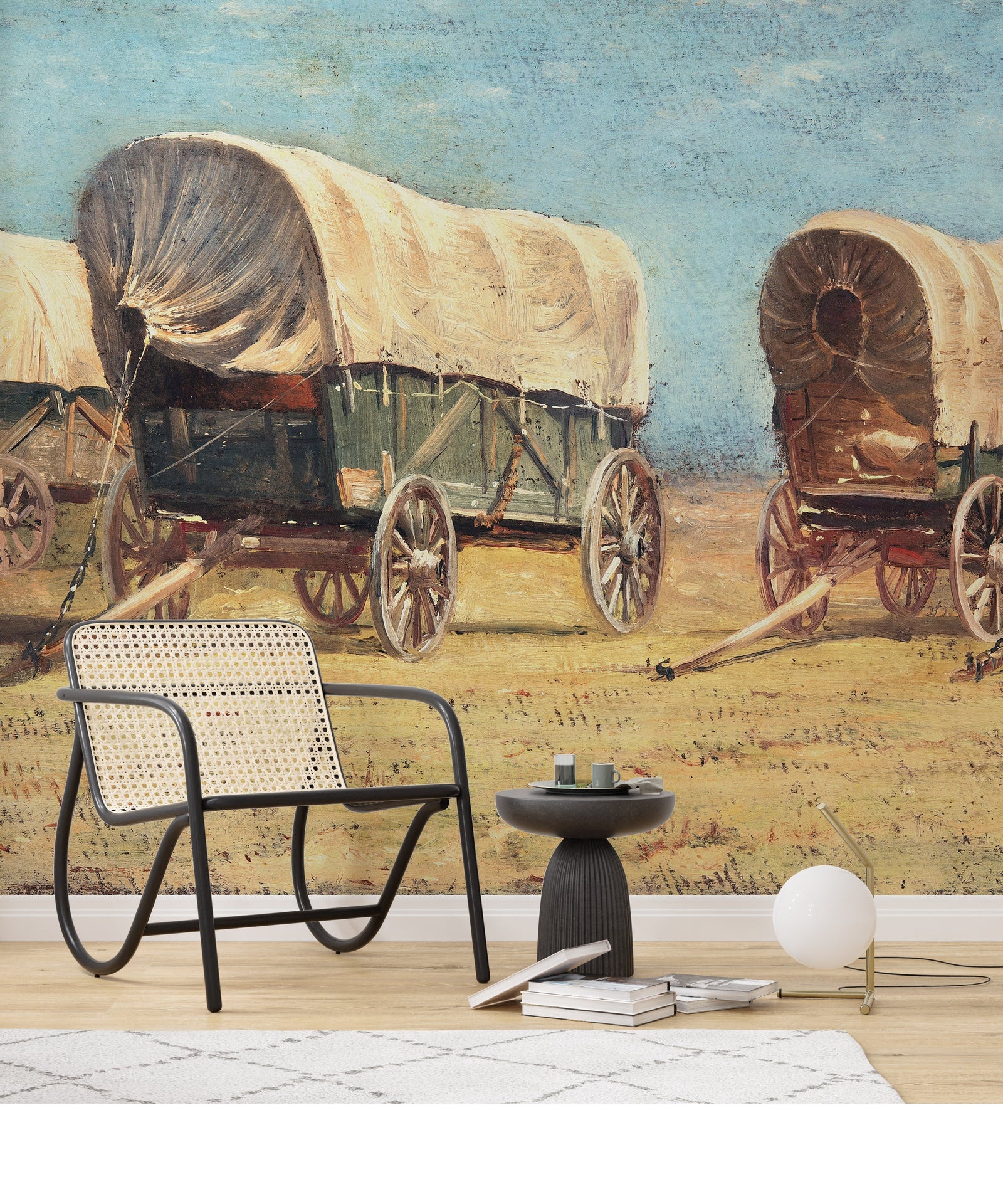 Mural de pared con temática de vaqueros del Oeste. Estudio de carros cubiertos de Samuel Colman. Obra de arte en pintura. Papel tapiz autoadhesivo. N.º 6339