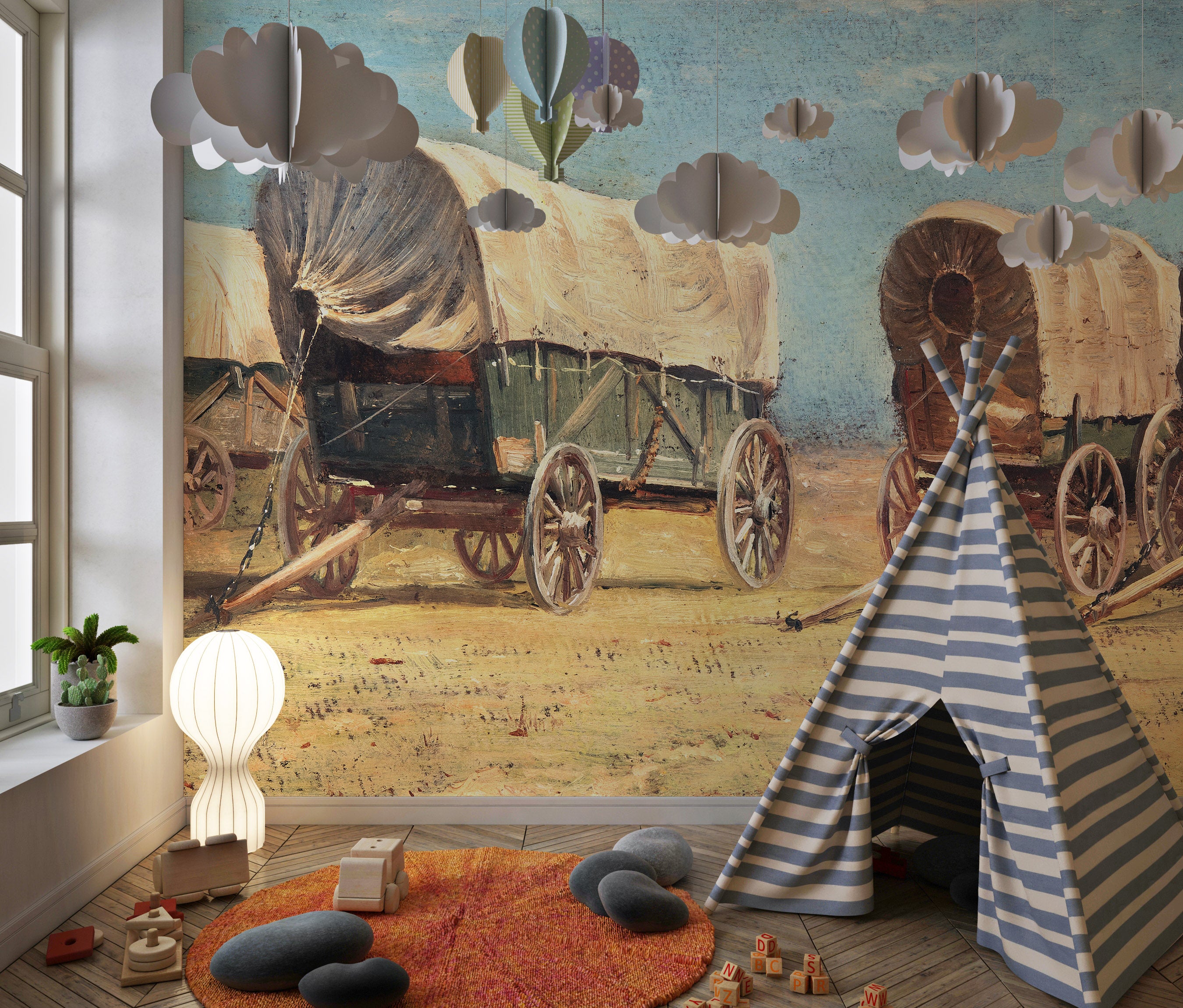 Mural de pared con temática de vaqueros del Oeste. Estudio de carros cubiertos de Samuel Colman. Obra de arte en pintura. Papel tapiz autoadhesivo. N.º 6339