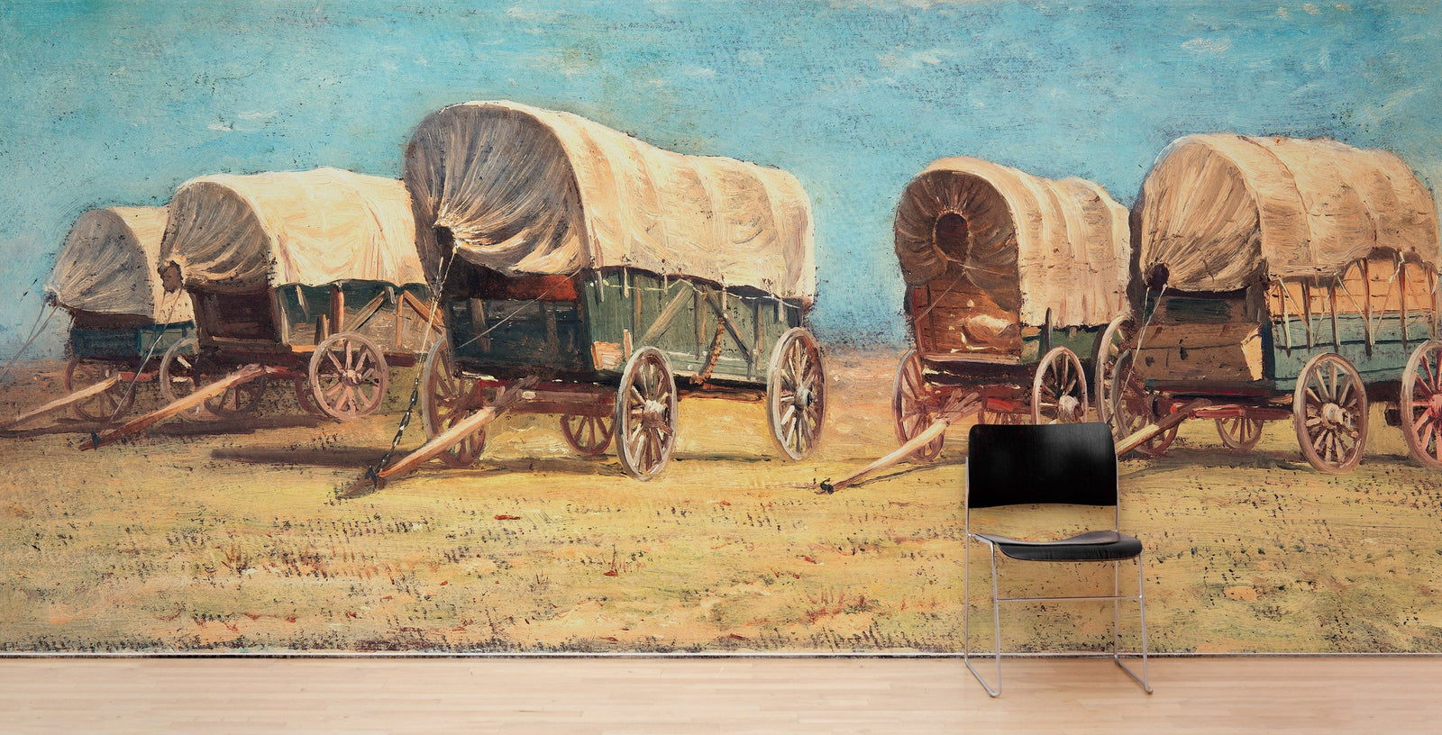 Mural de pared con temática de vaqueros del Oeste. Estudio de carros cubiertos de Samuel Colman. Obra de arte en pintura. Papel tapiz autoadhesivo. N.º 6339