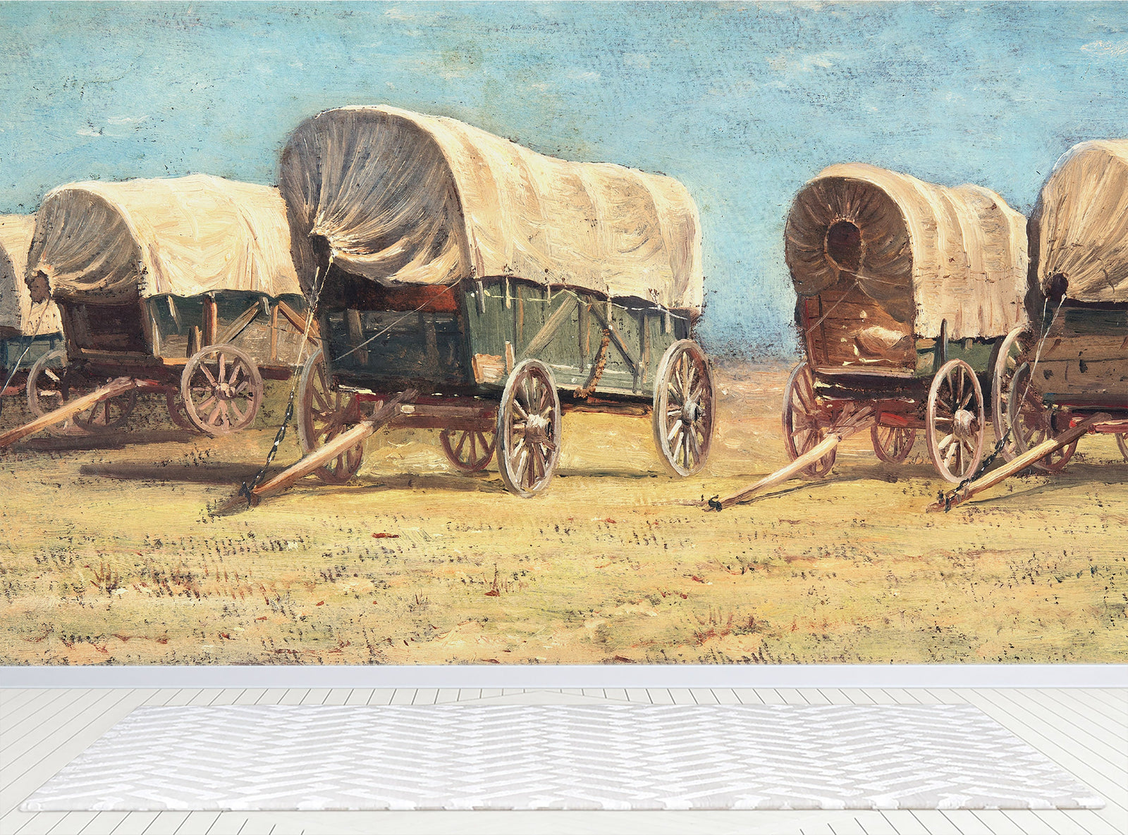 Mural de pared con temática de vaqueros del Oeste. Estudio de carros cubiertos de Samuel Colman. Obra de arte en pintura. Papel tapiz autoadhesivo. N.º 6339