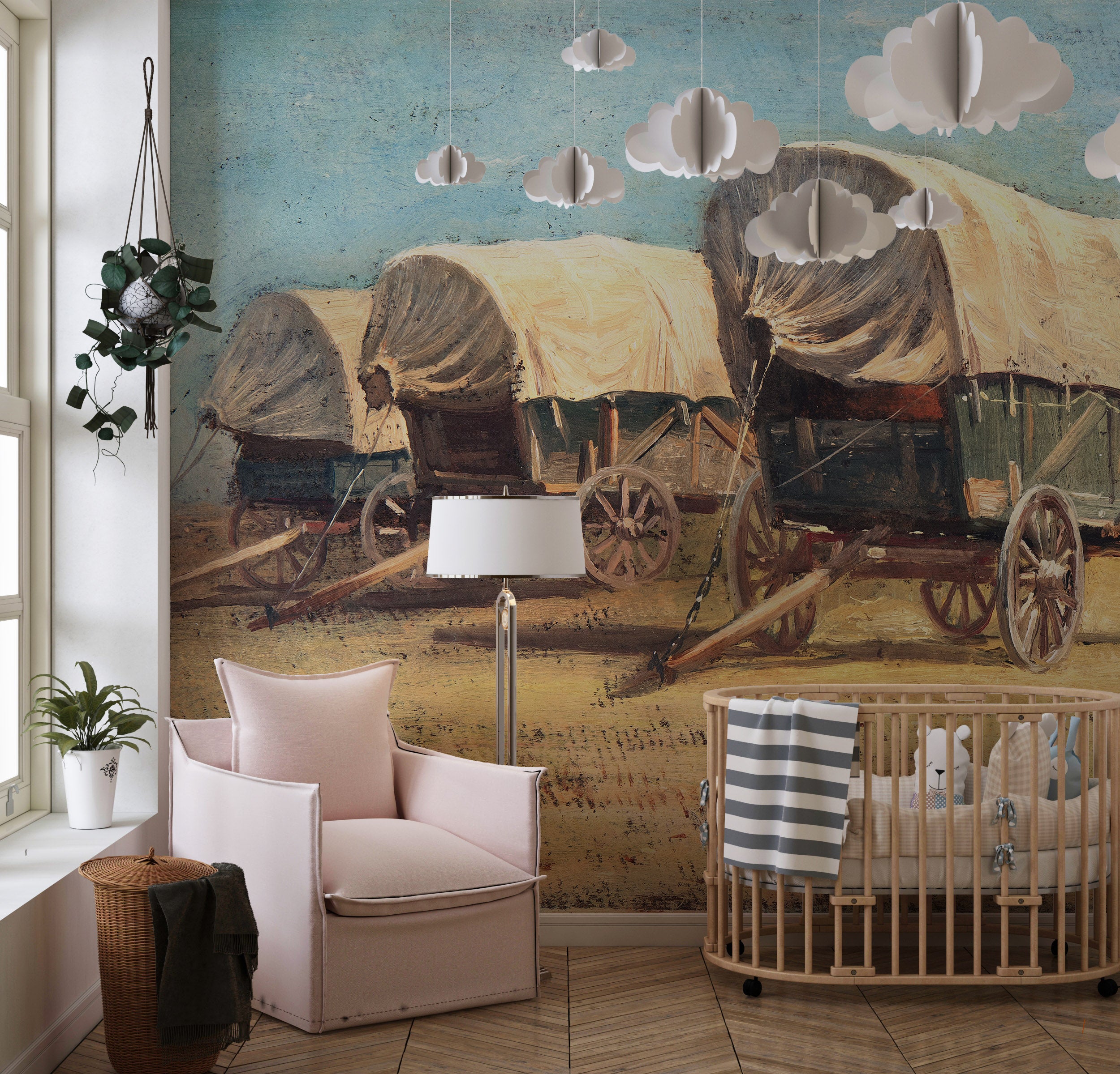 Mural de pared con temática de vaqueros del Oeste. Estudio de carros cubiertos de Samuel Colman. Obra de arte en pintura. Papel tapiz autoadhesivo. N.º 6339