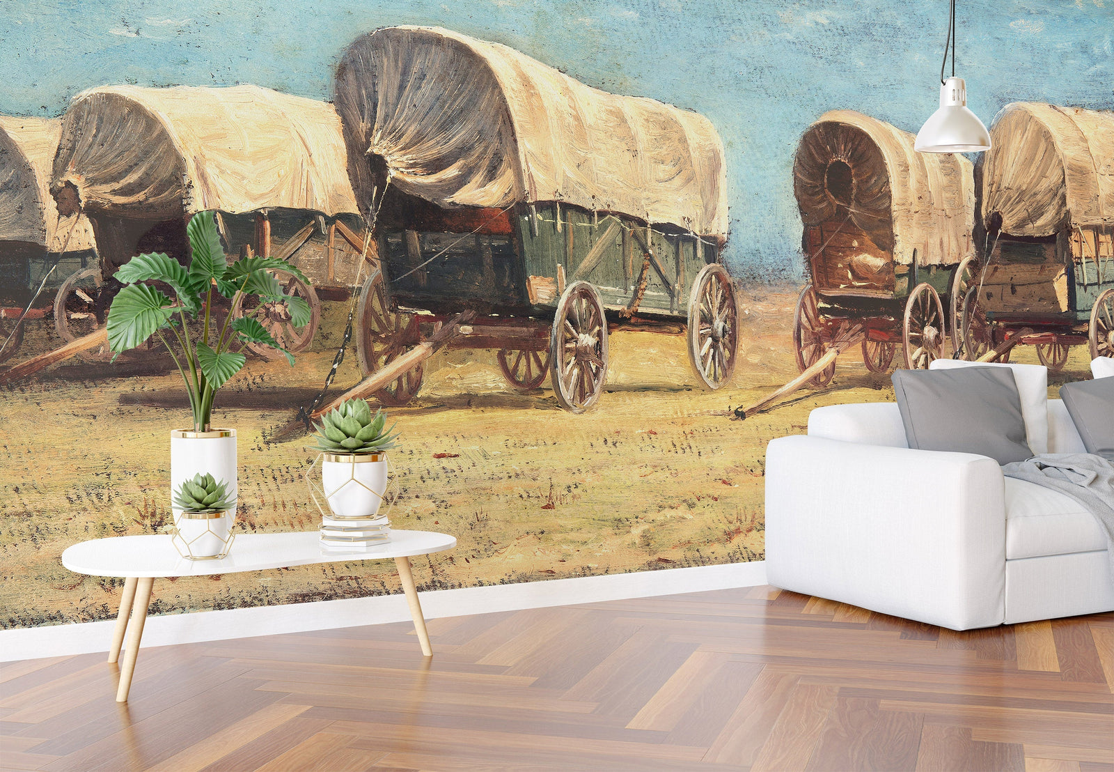 Mural de pared con temática de vaqueros del Oeste. Estudio de carros cubiertos de Samuel Colman. Obra de arte en pintura. Papel tapiz autoadhesivo. N.º 6339