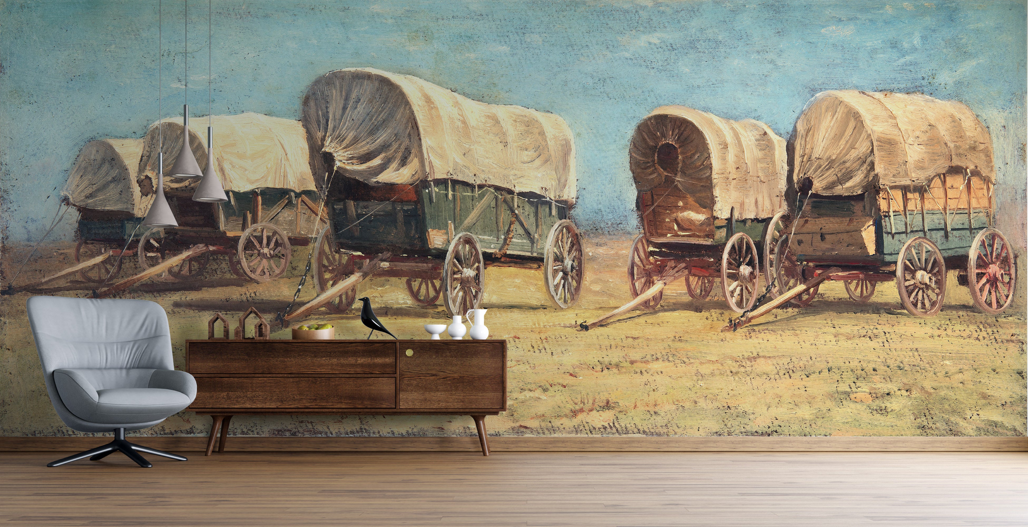 Mural de pared con temática de vaqueros del Oeste. Estudio de carros cubiertos de Samuel Colman. Obra de arte en pintura. Papel tapiz autoadhesivo. N.º 6339