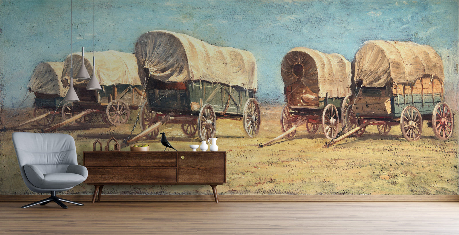 Mural de pared con temática de vaqueros del Oeste. Estudio de carros cubiertos de Samuel Colman. Obra de arte en pintura. Papel tapiz autoadhesivo. N.º 6339